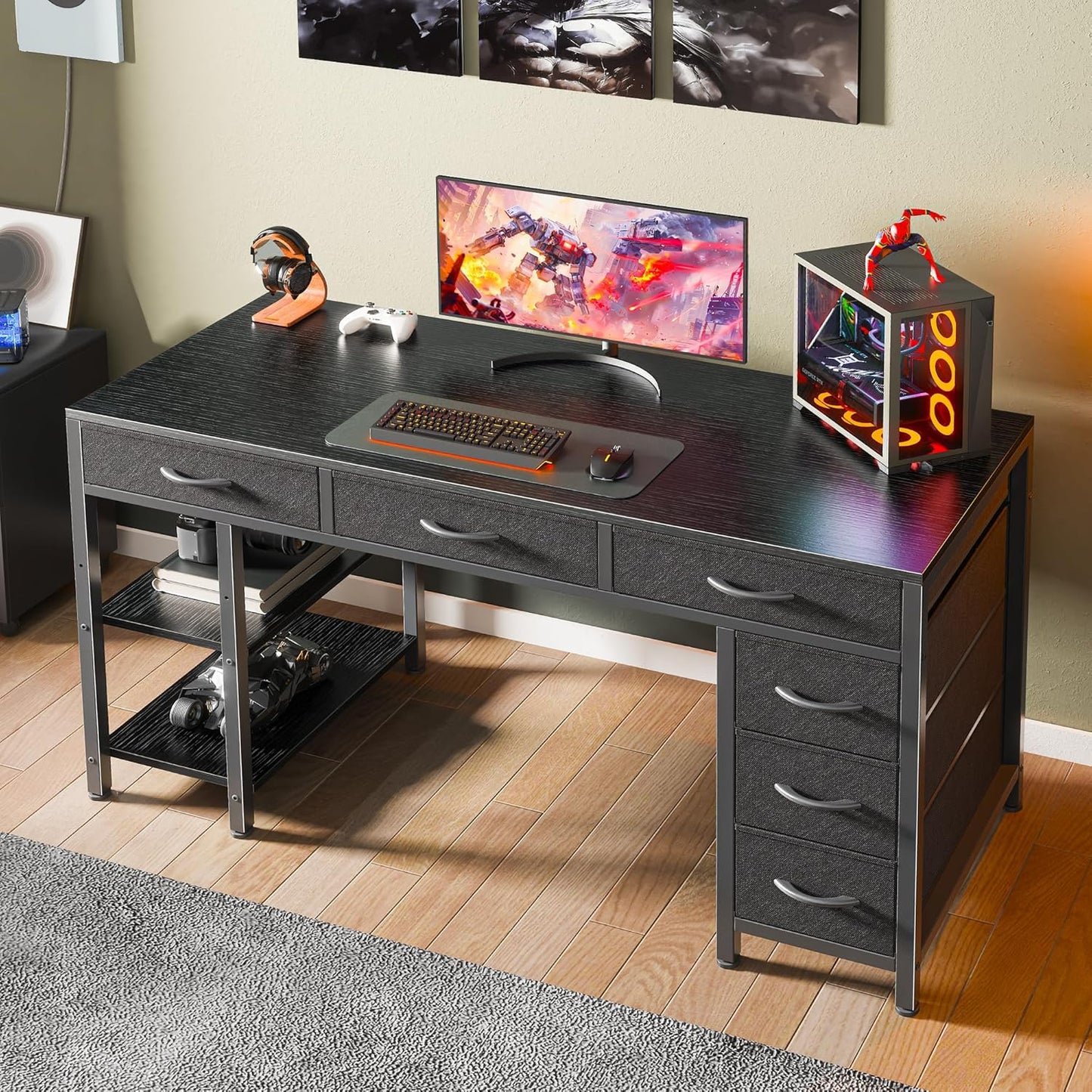 47-Inch Computer Desk with 6 Drawers and Shelves, Versatile Reversible Gaming and Corner Desk with Storage for Home Office, Study, and Living Room, Black
