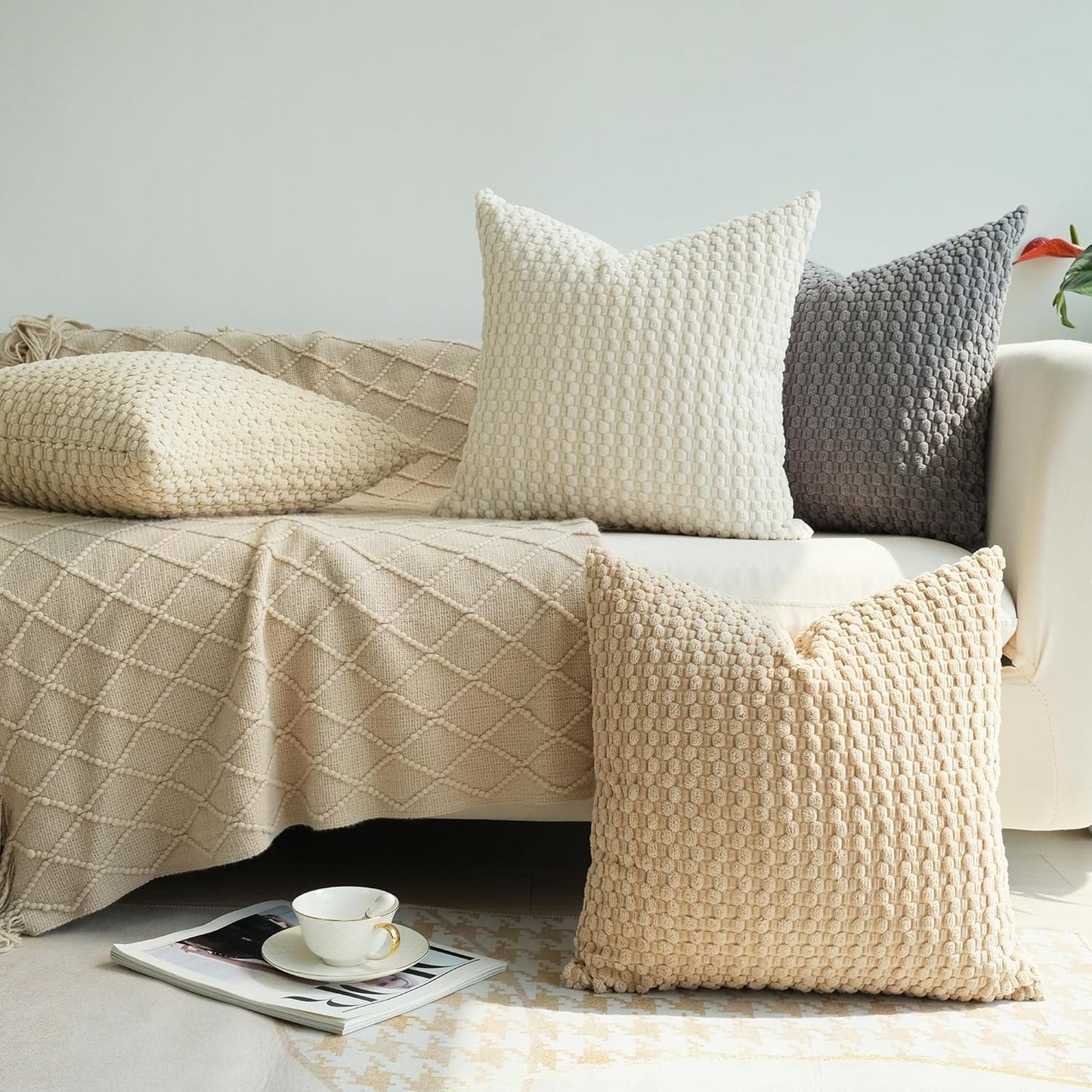 Pack of 4 Neutral Decorative Throw Pillow Covers Farmhouse Boho Home Decor Striped Corduroy Square Pillowcases 18 X 18 Inch