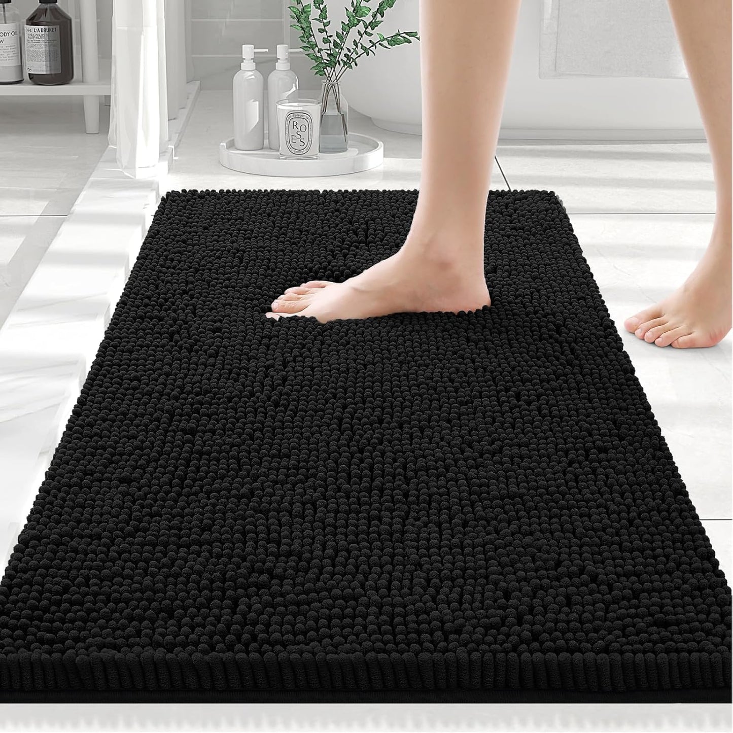 Rectangle Table Cloth 60X84 and Luxury Chenille Bath Rug 24X16,Black