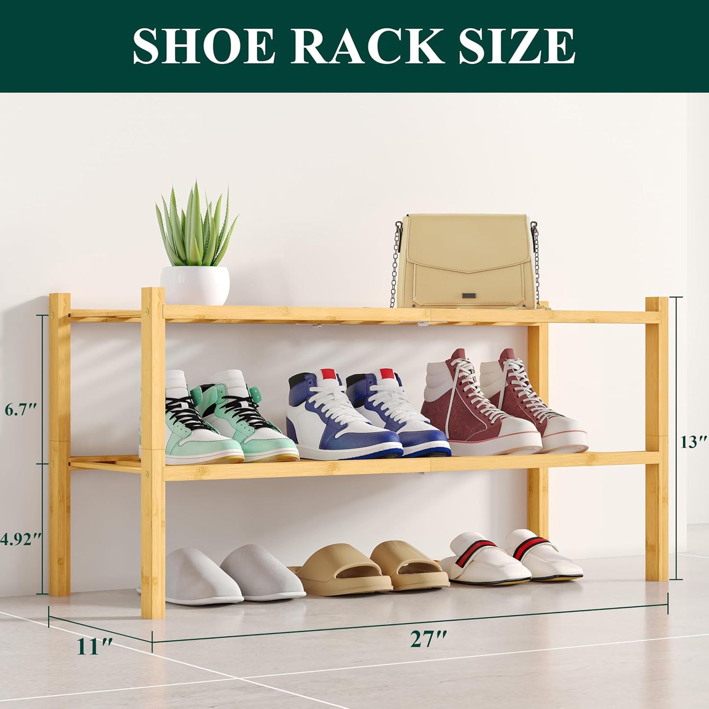 Shoe Rack, 2 Tier Bamboo Shoe Organizer, Stackable Free Standing Wooden Shoe Storage Shelf for Closet, Entryway, Front Door Entrance, Natural