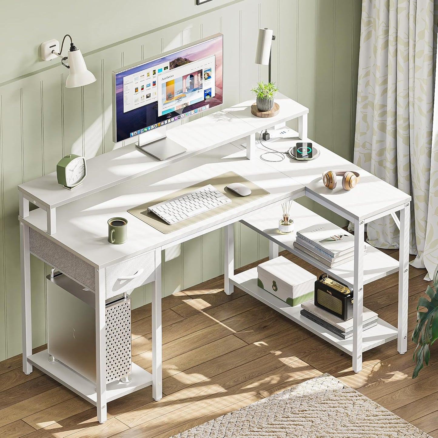 47-Inch Reversible L-Shaped Desk with LED Lighting and Power Outlets, Featuring Shelves, Monitor Stand, Drawer, and PU White Finish for Home Office and Gaming Use