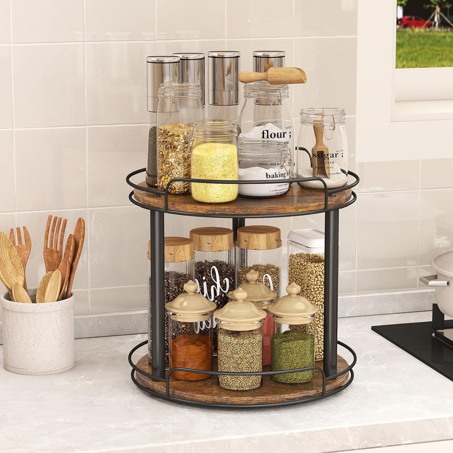 10.2'' Wood Lazy Susan Turntable Organizer for Cabinet, 2 Tier Lazy Susan Spice Rack Organizer for Kitchen, Table Top, Countertop, Pantry, Medicine Organizer