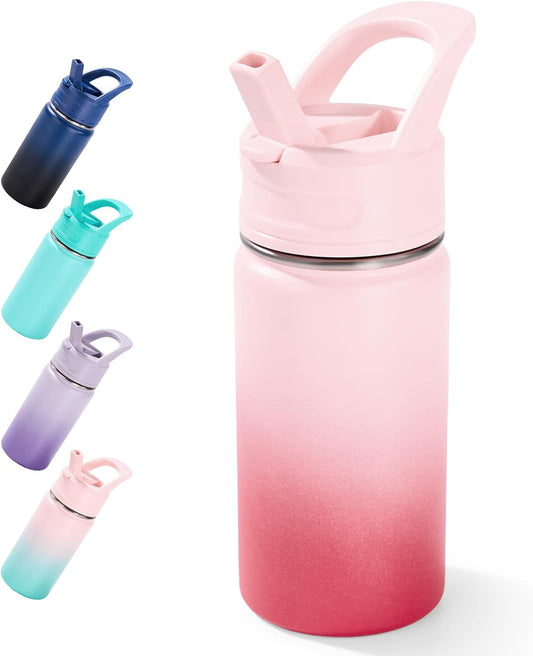 12Oz Kids Water Bottle for School, Toddler Bottles with Straws, Stainless Steel Vacuum Insulated Water Bottle for Boys&Girls, Leak-Proof, Bpa-Free, Cherry