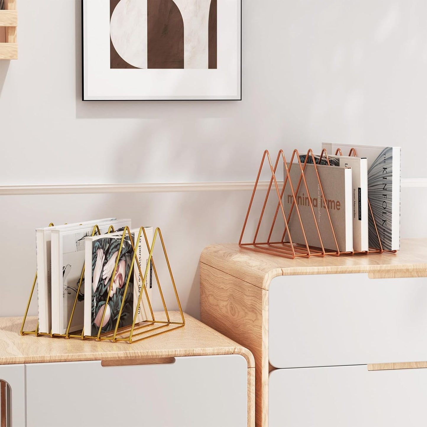 Triangle Desk Organizers Metal Wire Magazine Holder 7 Sections Decorative Vinyl Record Storage Office File Organizer for Desk - Rose Gold Magazine File Holder - 2 Pack