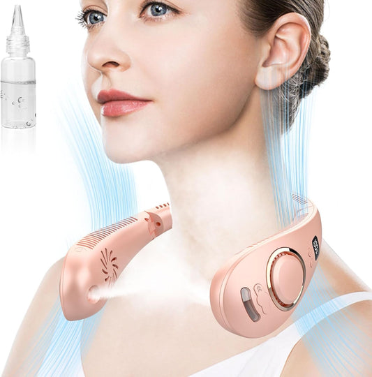 Misting Neck Fan,Collapsible Neck Fans Portable Rechargeable Battery,Cordless Leafless Headphone Wear Hands Free Devices,Cold Small Light Weight Noiseless Breeze around the Neck Cooler Tool Spray Pink