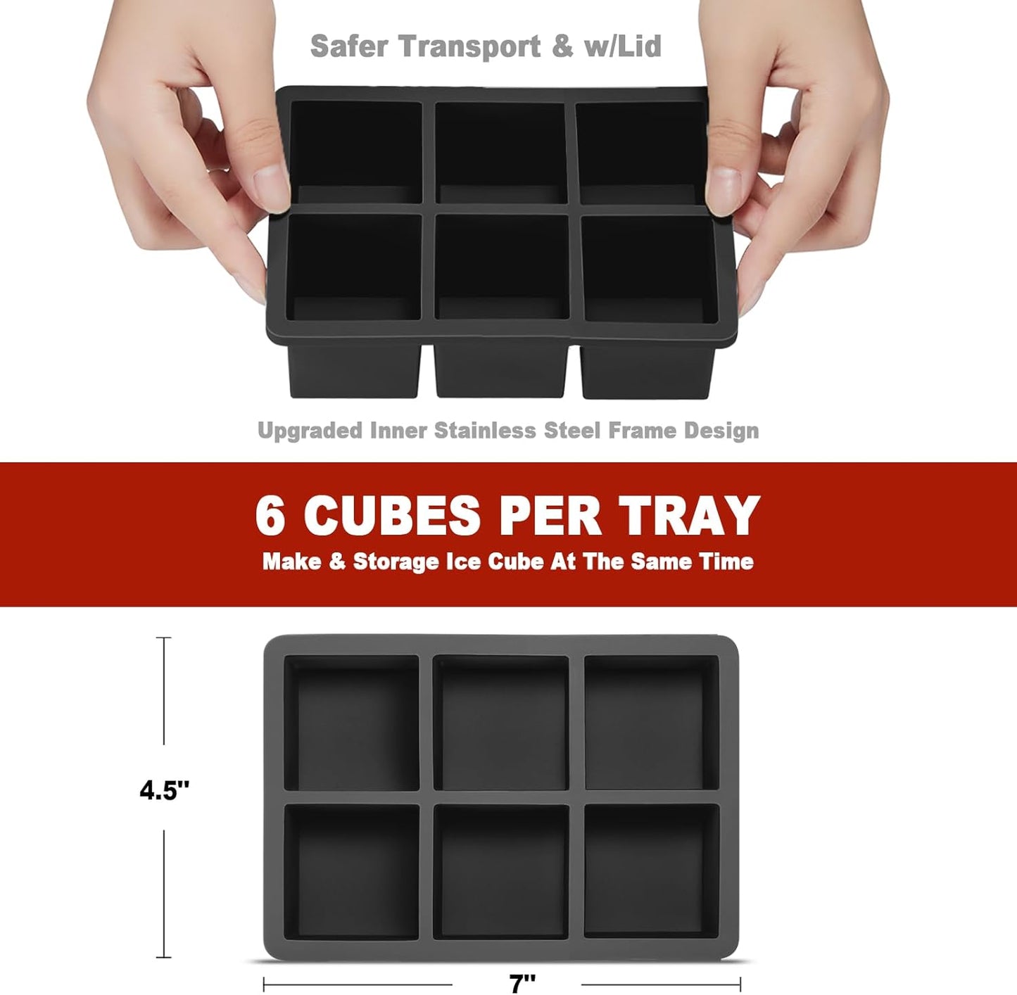 Large Ice Cube Tray with Lid Pack of 2, Stackable 2 Inch Big Silicone Square Ice Cube Mold for Whiskey Cocktails Bourbon Soups Frozen Treats, BPA Free