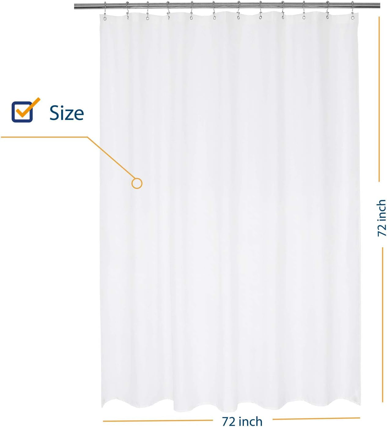 Nylon Hotel Shower Curtain or Liner, Machine Washable, Water Resistant, White, 72 X 72 Inches