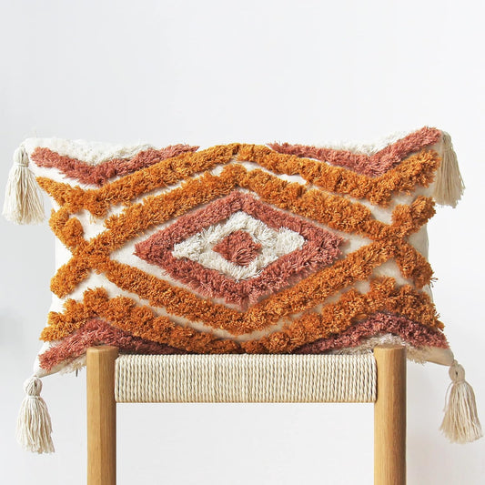 Boho Lumbar Throw Pillow Covers with Handmade Tassels Decorative Woven Tufted Orange Lumbar Pillowcase for Couch Bedroom 12 X 20 Inch