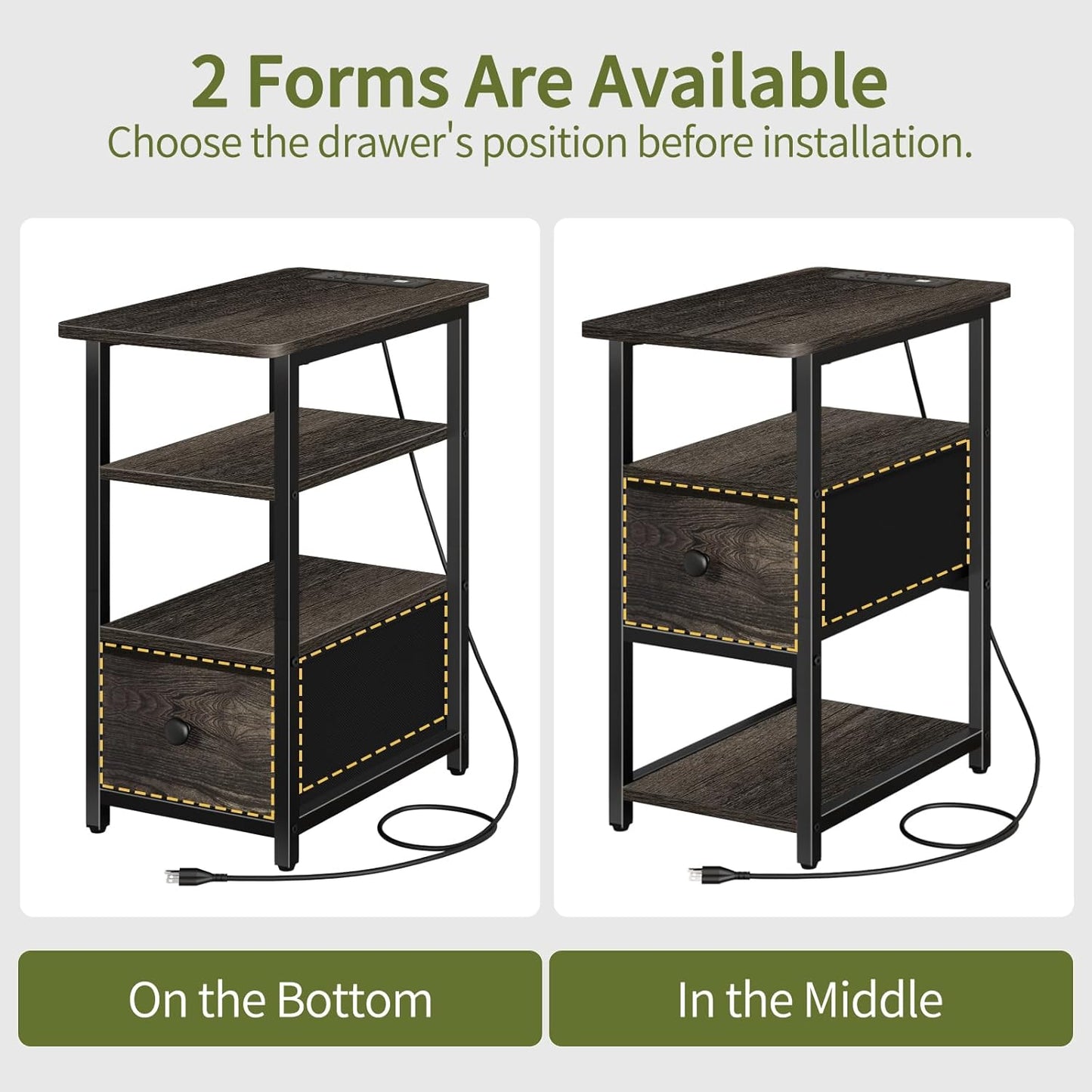 End Table with Charging Station, Narrow Side Table with Adjustable Fabric Drawer, 3-Tier End Tables Living Room, Small Nightstand with Outlets, LED Skinny Night Stand for Bedroom Small Spaces