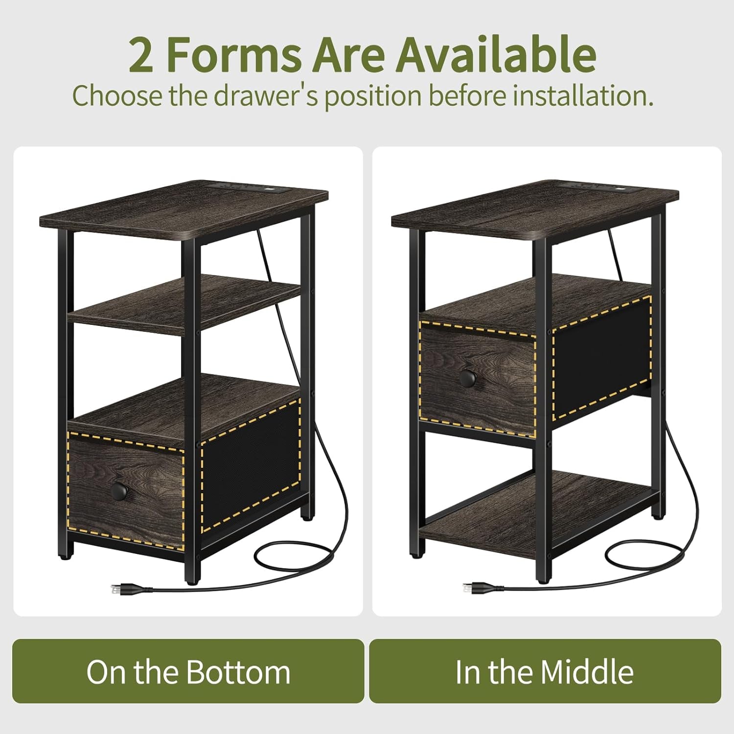 End Table with Charging Station, Narrow Side Table with Adjustable Fabric Drawer, 3-Tier End Tables Living Room, Small Nightstand with Outlets, LED Skinny Night Stand for Bedroom Small Spaces