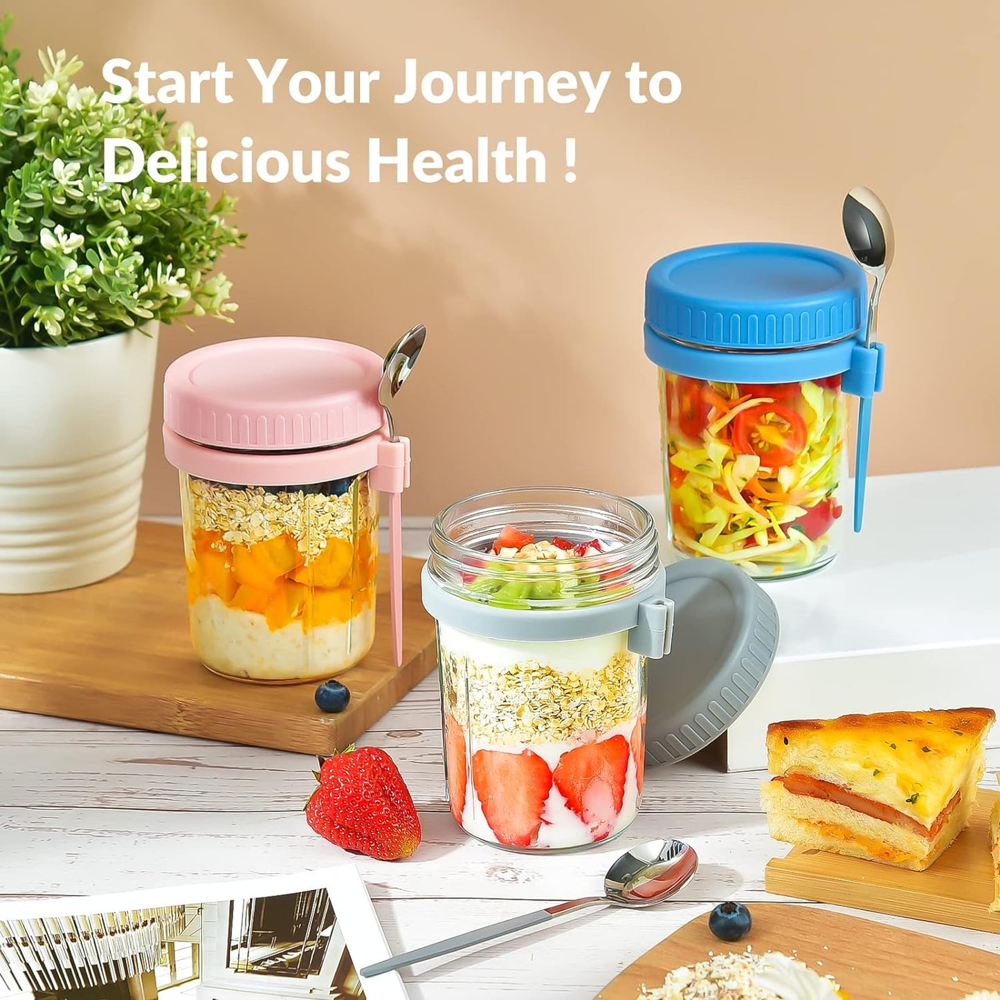 Set of 4 Leak-Proof 16 Oz Glass Mason Jars with Lids and Spoons for Overnight Oats, Cereal, Fruits, Vegetables, Milk, Salad, Yogurt, and Meal Prep