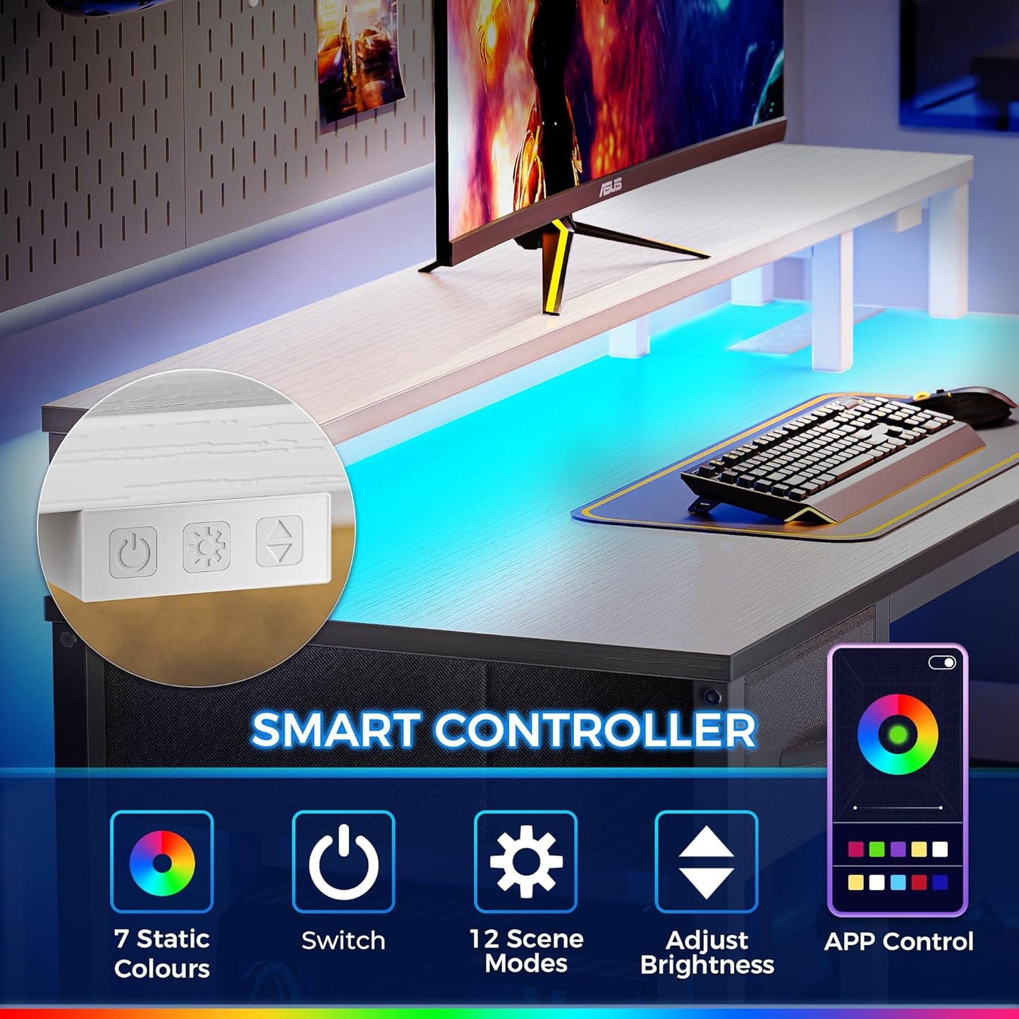 47-Inch Reversible L-Shaped Desk with LED Lighting and Power Outlets, Featuring Shelves, Monitor Stand, Drawer, and PU White Finish for Home Office and Gaming Use