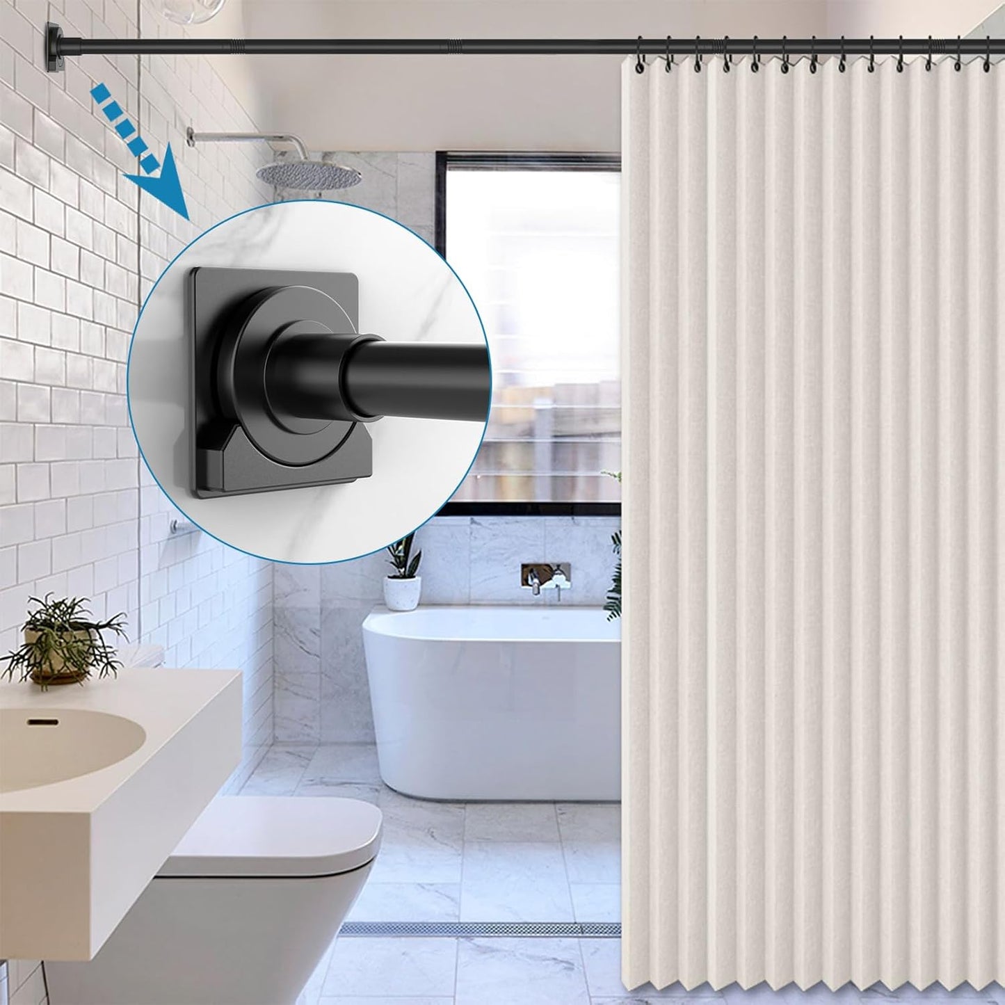 2 Pack Black Shower Curtain Rod Holders,Tension Curtain Rod Bracket No Drilling, Adhesive Shower Rod Holders| Shower Curtain Rod Not Included