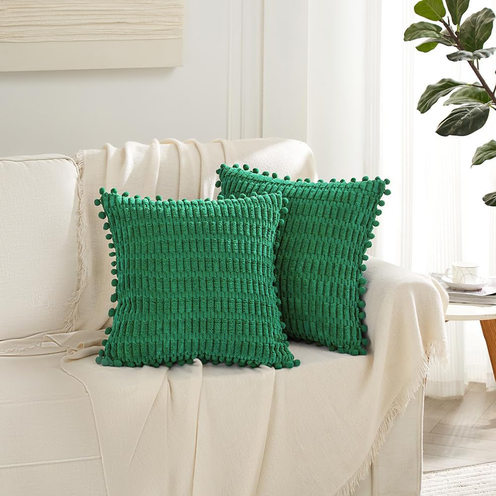 2 Packs Green Euro Decorative Throw Pillow Covers 26X26 Inch with Pom-Poms for Couch Bed Sofa, Boho Home Decor, Soft Striped Corduroy Accent Square Forest Green Cushion Case 66X66 Cm