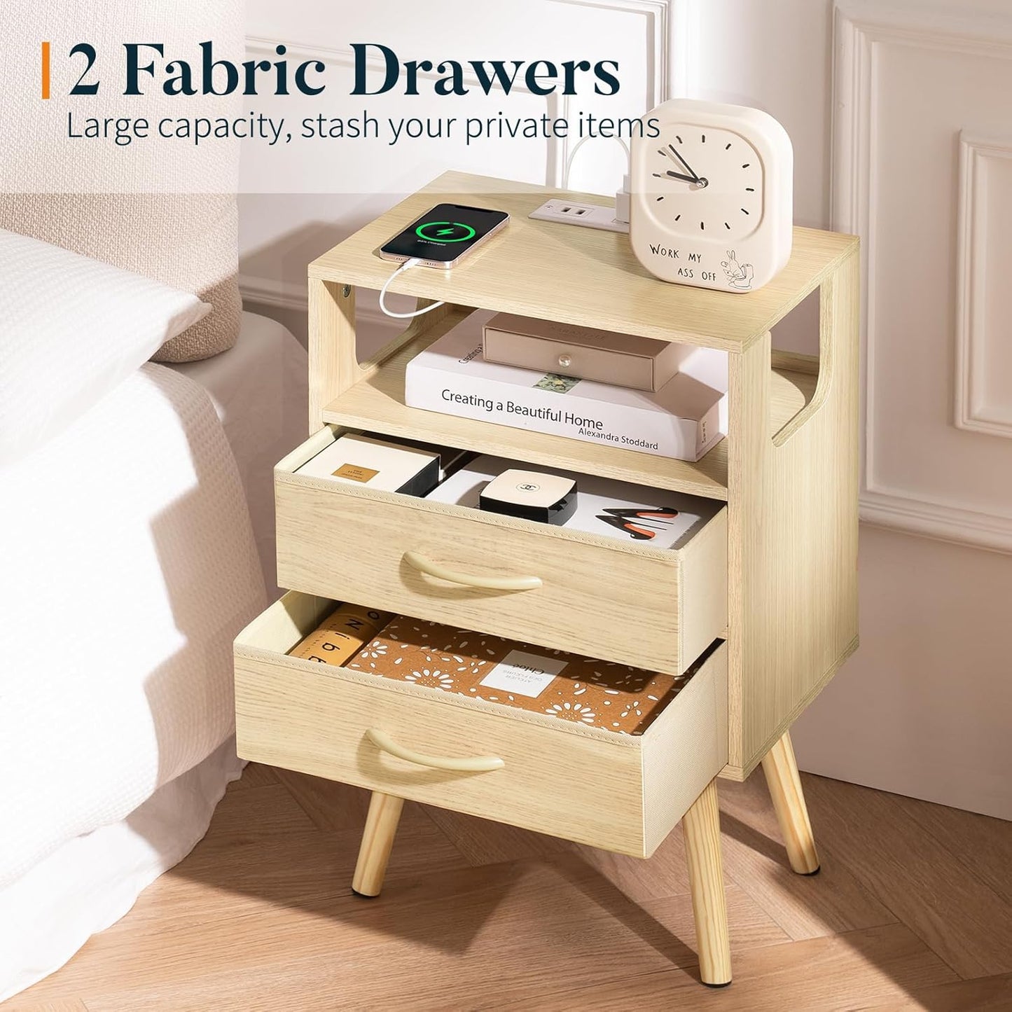 LED Night Stand with Charger Station, Mid Century Modern Nightstand with Fabric Drawers, Bedside Table Nightstands with Storage Shelf, Bed Side Table Small Night Stands for Bedroom Living Room
