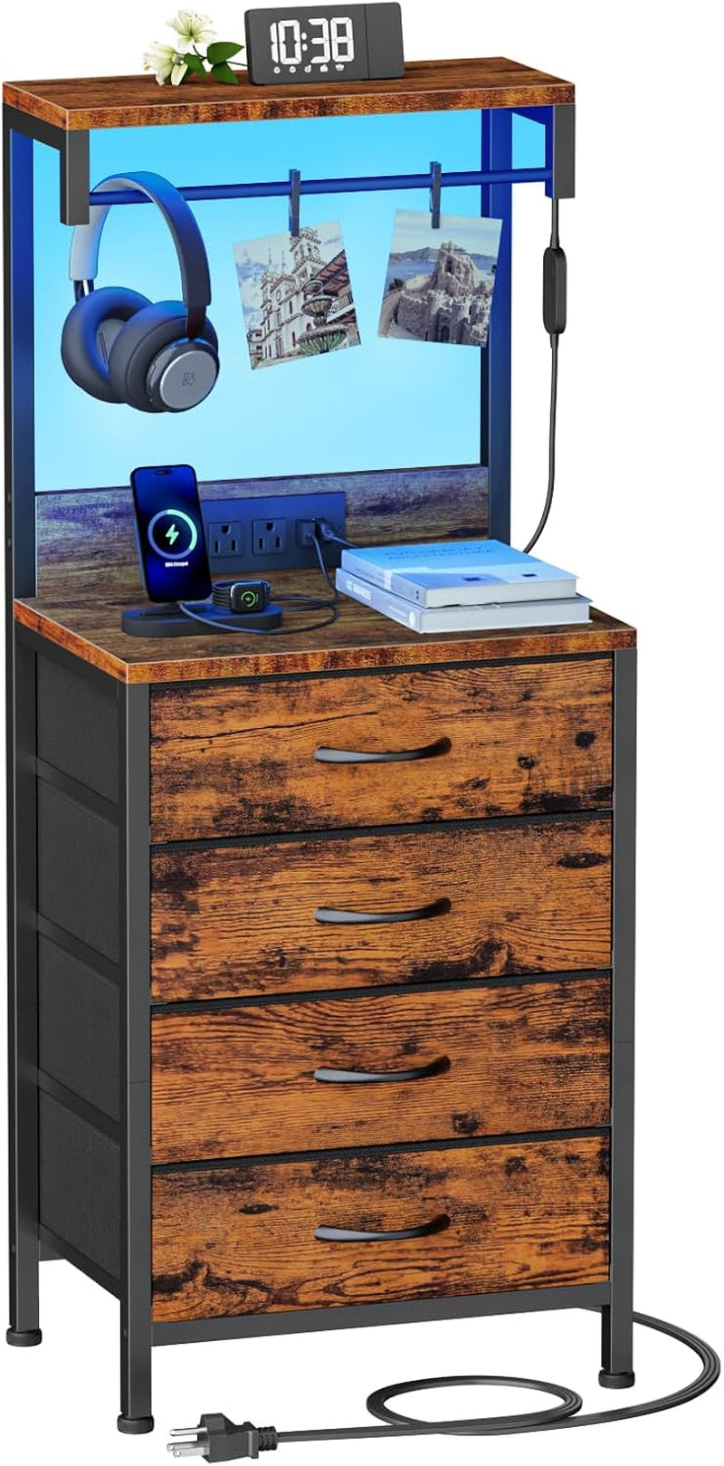 38-Inch Tall Nightstand with Charging Station, 4 Fabric Drawers, LED Lights, and Storage Shelf - Rustic Brown Metal Frame and Wood Shelves for Bedroom or Office