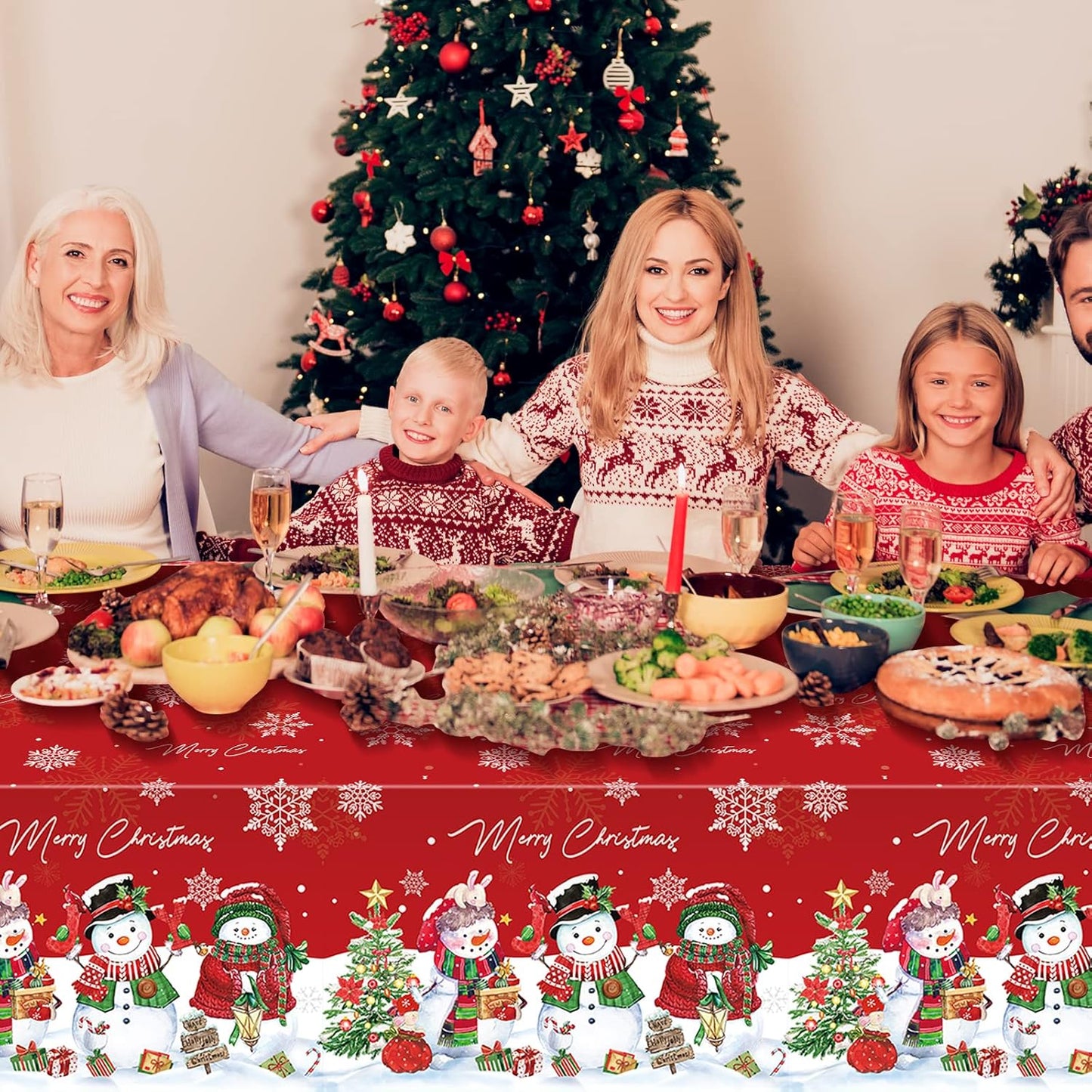 1Pcs Christmas Snowman Tablecloth,Plastic Christmas Snowman Snowflake Winter Table Cover with Xmas Tree for Winter Holiday Themed Party Decorations and Supplies,54X 108Inch(Red)