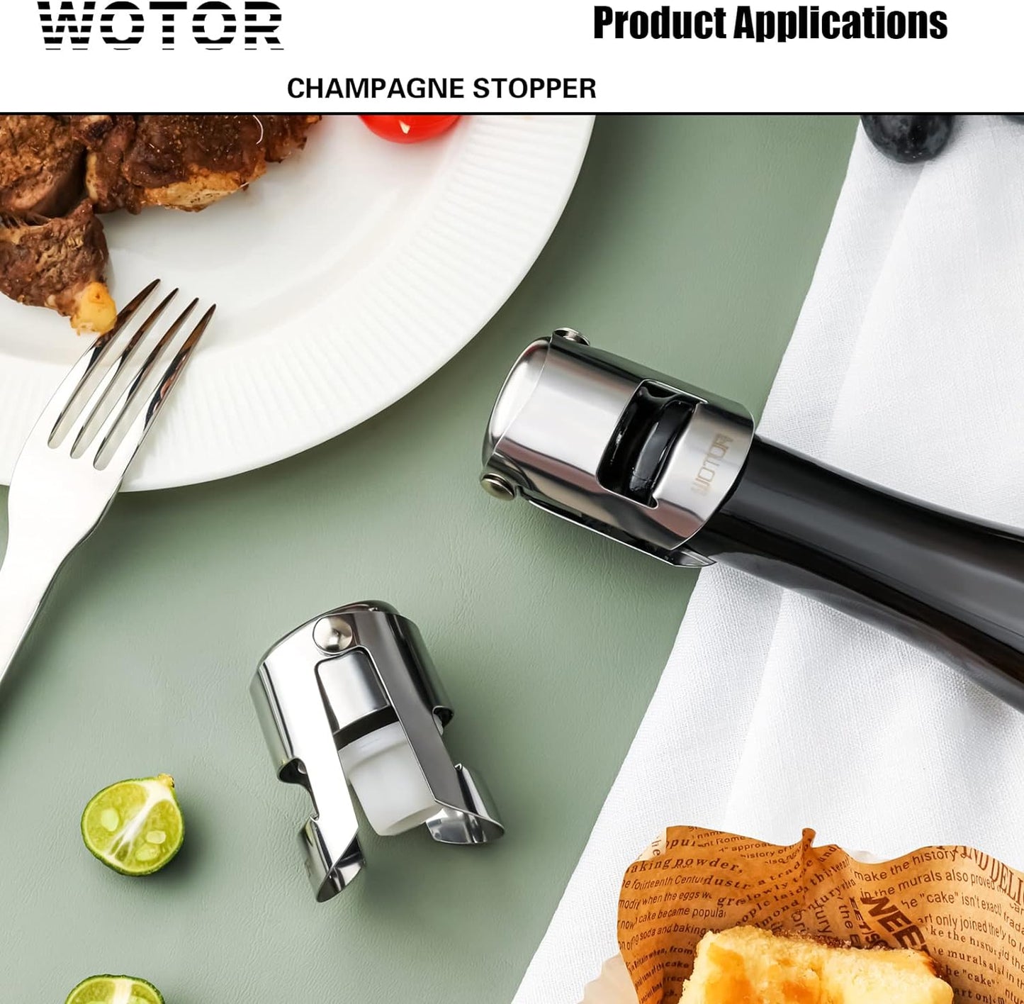 Champagne Stoppers Stainless Steel, Prosecco Bottle Stopper with Food Grade Silicone, Reusable Champagne Cork & Saver, Leak Proof Keep Fresh (Silver, 2 Pack)