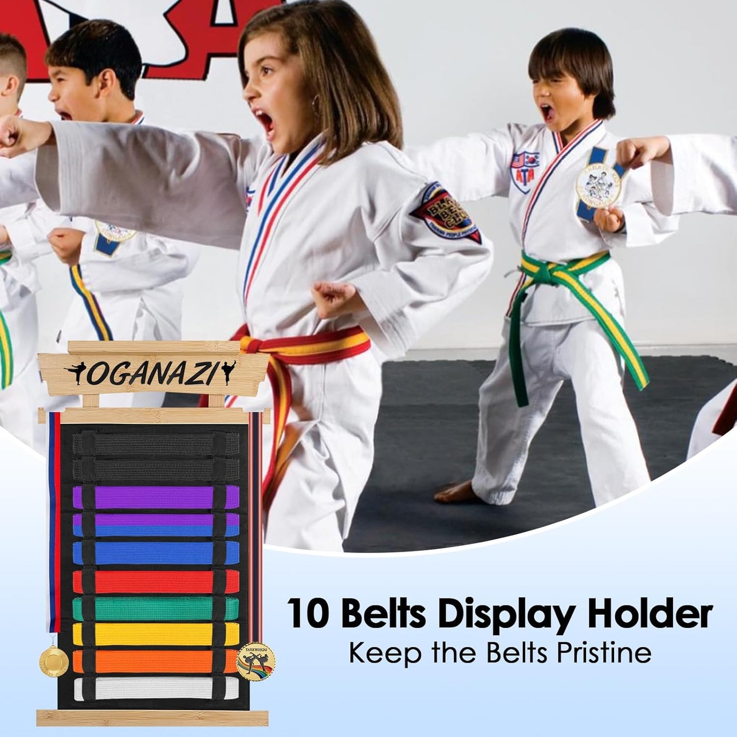 Karate Belt Display Rack with Personalized Stickers - Bamboo Trophy Holder for Taekwondo, BJJ, and Martial Arts Belts
