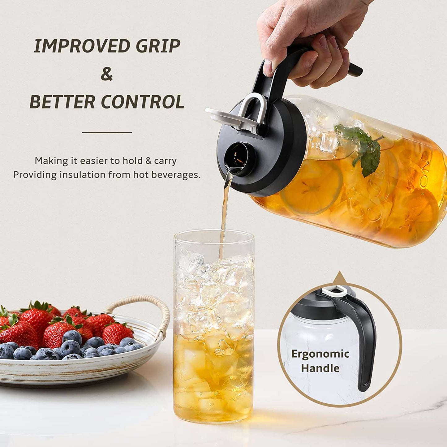 64 Oz Glass Pitcher with Lid - 2 Quart Mason Jar Pitcher with Filter Lid, Wide Mouth Jar Leak-Proof Water Jug, Heavy Duty Glass Container for Water, Juice, Milk, Tea, Iced Coffee, and Drinks