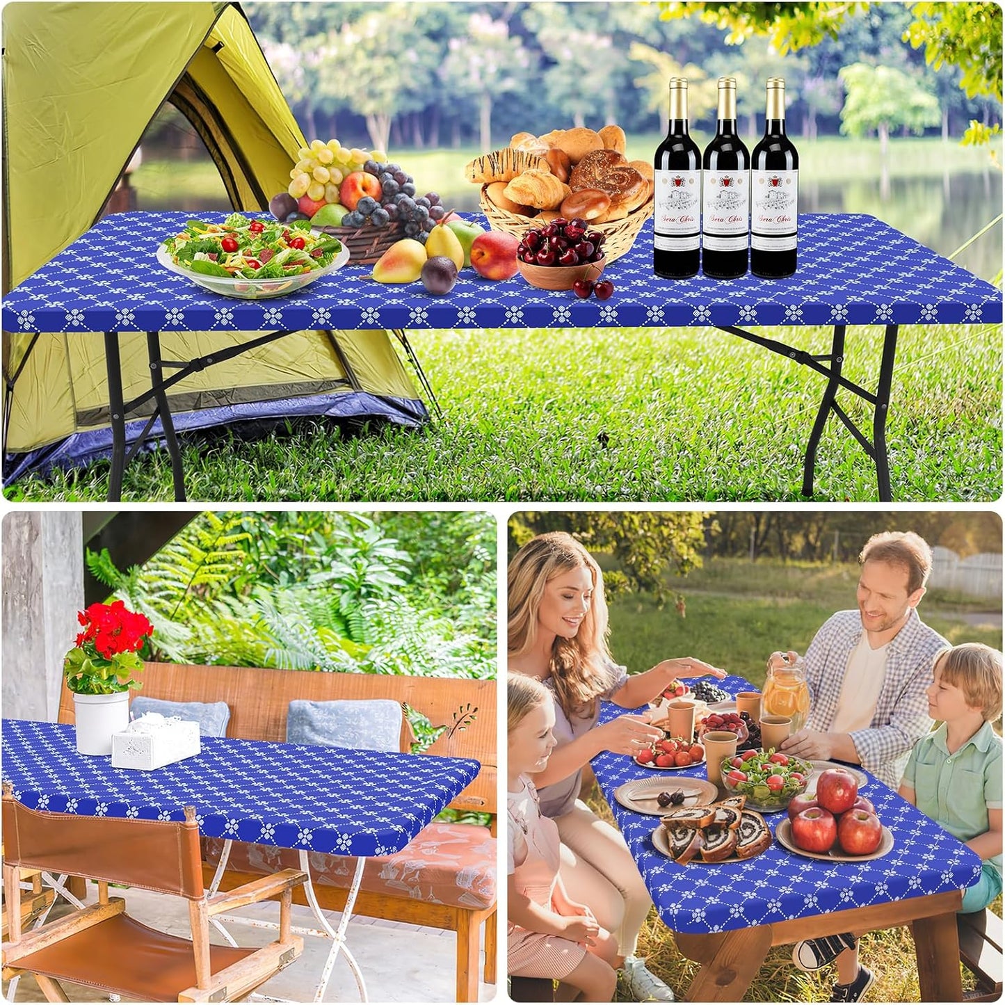 Rectangle Vinyl Table Cloth, Elastic Fitted Tablecloth with Flannel Backing, Waterproof Plastic Table Cover Fits 6 Foot Folding Tables for Camping, Indoor and Outdoor (Blue, 30" X 72")