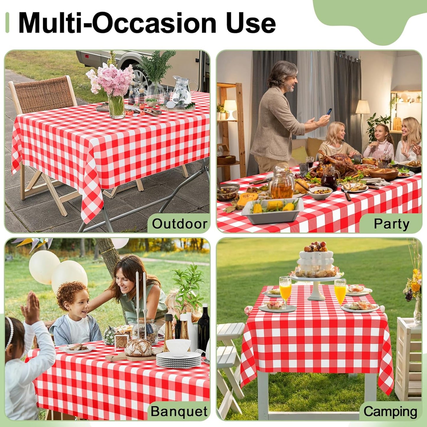 3 Packs Gingham Disposable Table Cloth, 54 X 108 Inch Waterproof Plastic Tablecloth, Rectangle Red and White Checkered Table Covers for Picnic, Birthday, Party