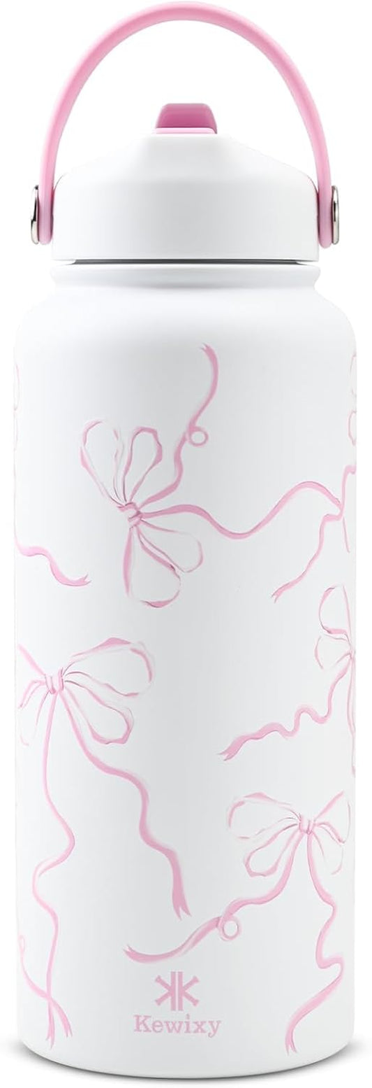32 Oz Stainless Steel Insulated Water Bottle with Flip Straw and Handle, Leak-Proof, Reusable Wide Mouth Design for Travel, Gym, and School (Breeze Pink Bow)