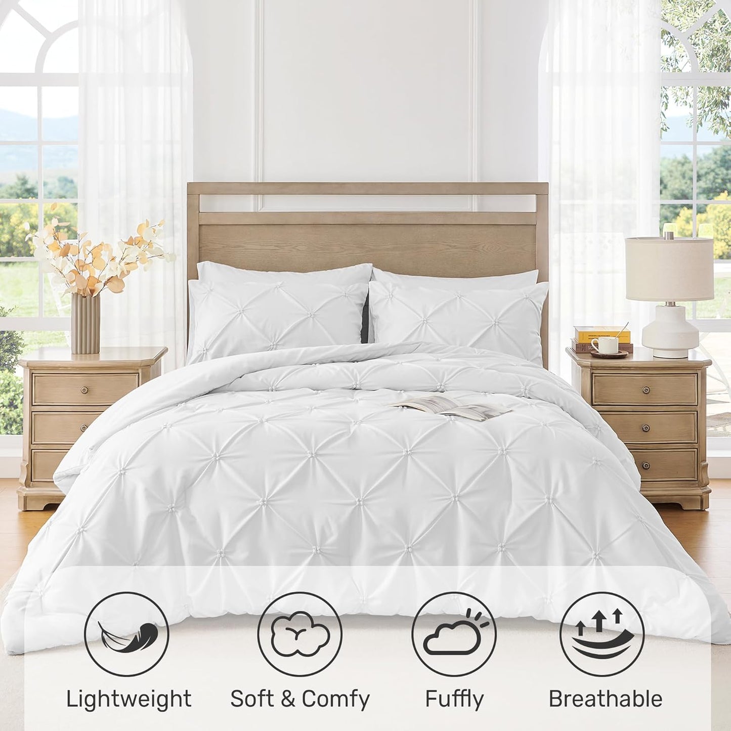 Queen Comforter Set White - Lightweight Soft Pintuck down Alternative Bedding Set for Summer, All Seasons, 3 Pieces Pinch Pleat Solid Bed Set with Comforter, 2 Pillowcases