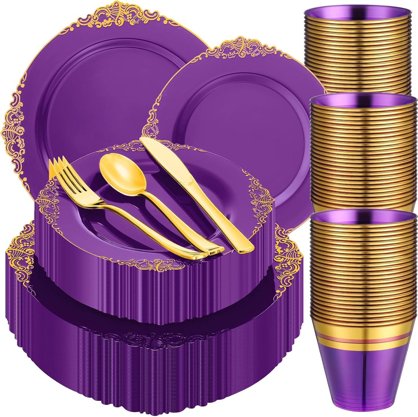 300-Piece Purple and Gold Plastic Dinnerware Set for 50 Guests - Includes Dinner Plates, Dessert Plates, Cutlery, and Cups for Weddings and Birthday Celebrations