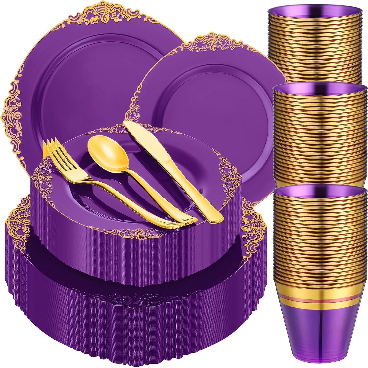 300-Piece Purple and Gold Plastic Dinnerware Set for 50 Guests - Includes Dinner Plates, Dessert Plates, Cutlery, and Cups for Weddings and Birthday Celebrations