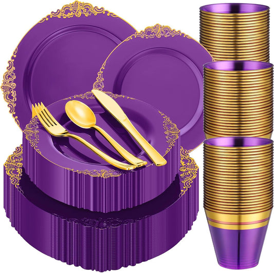 300-Piece Purple and Gold Plastic Dinnerware Set for 50 Guests - Includes Dinner Plates, Dessert Plates, Cutlery, and Cups for Weddings and Birthday Celebrations