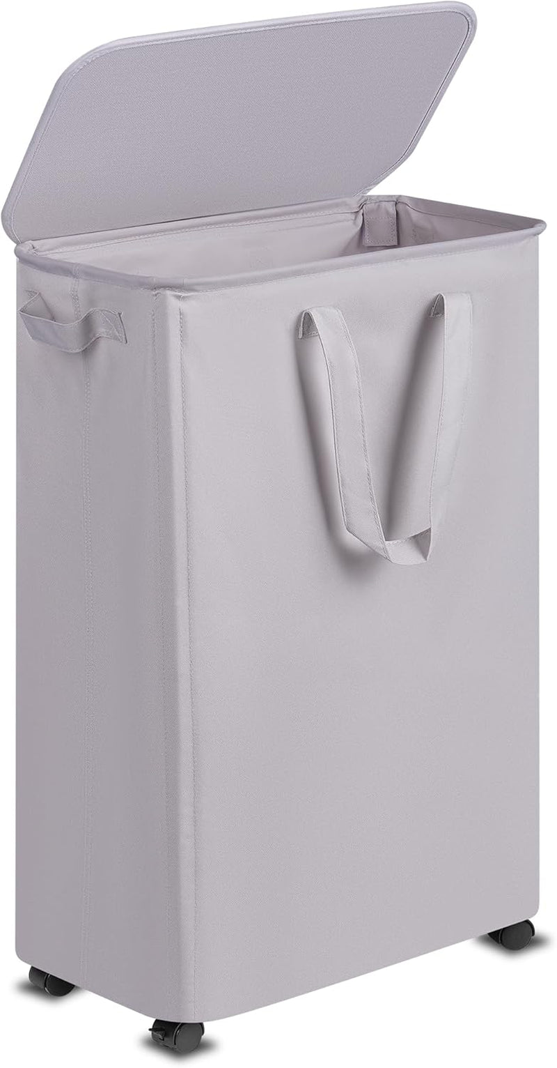 Slim Laundry Hamper with Lid and Wheels, Small Rolling Laundry Basket with Handle for Small Spaces, Tall Dirty Clothes Hampers for Dorm, Bathroom and Bedroom, 75L, Grey