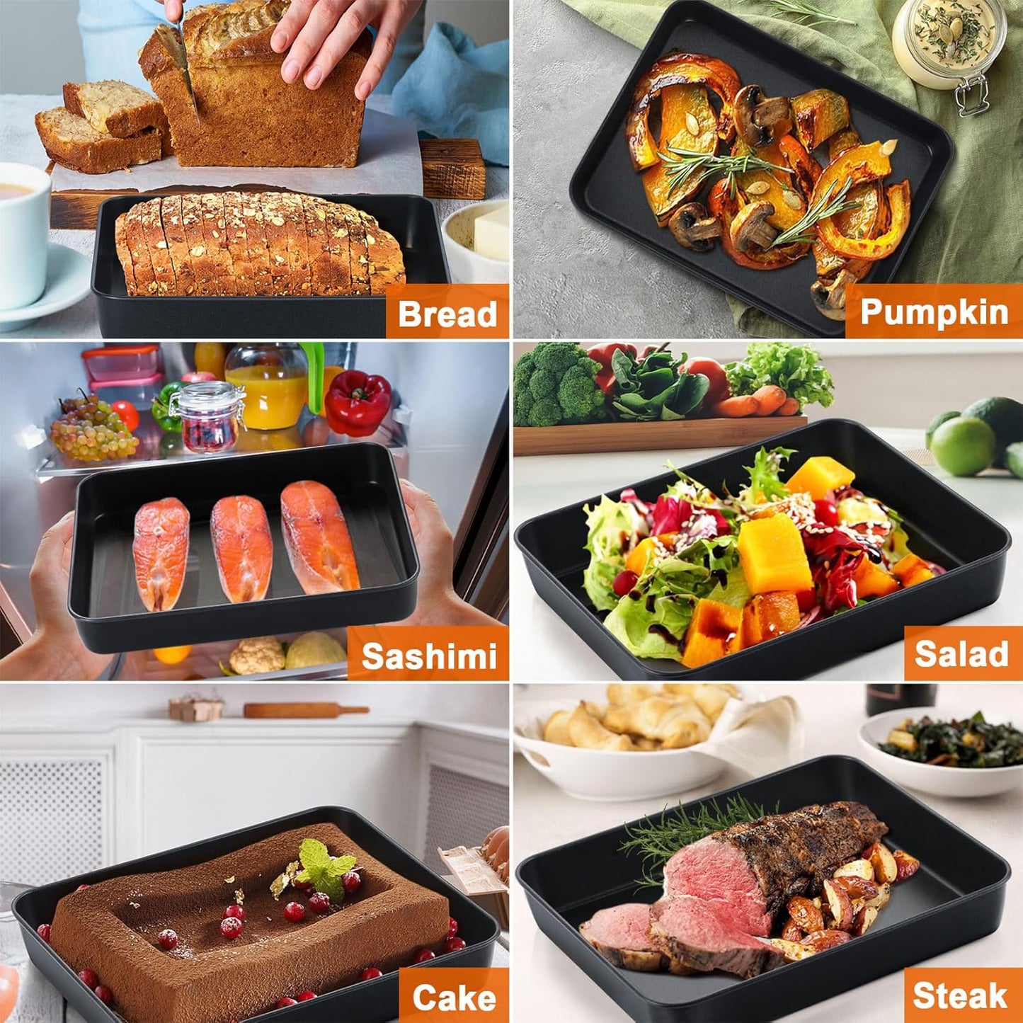 Toaster Oven Pan with Lid, Nonstick Cake Lasagna Pan Rectangular Tray for Baking Roasting Storing, Stainless Steel Core & Plastic Cover, Oven & Freezer Safe, (10.5 Inch, 2Pcs)