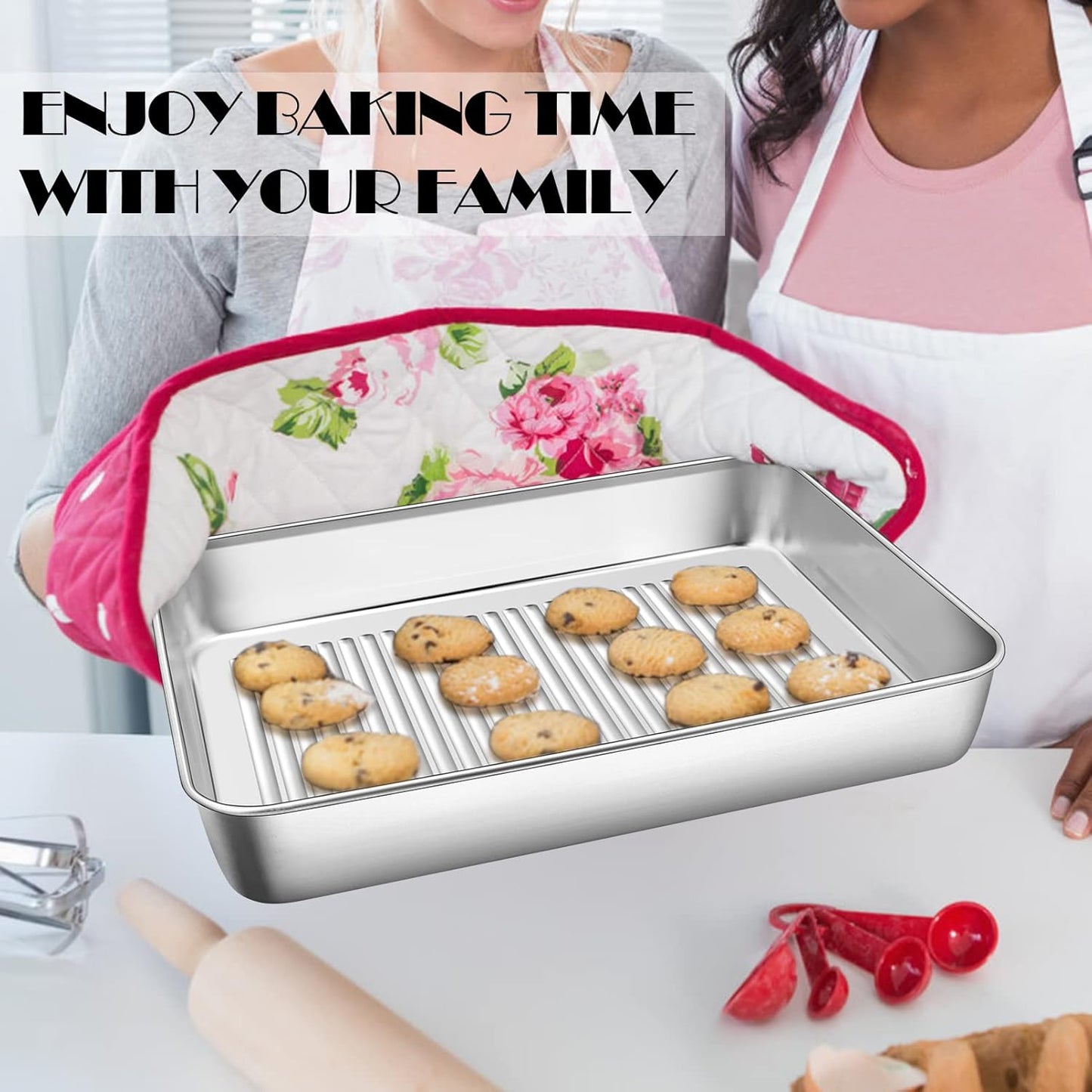 12.4 Inch Deep Rectangular Cake Pan, Stainless Steel Baking Pan Lasagna Pan for Toaster Oven, for Bake Cookie Cake Meat, Corrugated Bottom & Heavy Duty, Non-Toxic & Dishwasher Safe, 2Pcs