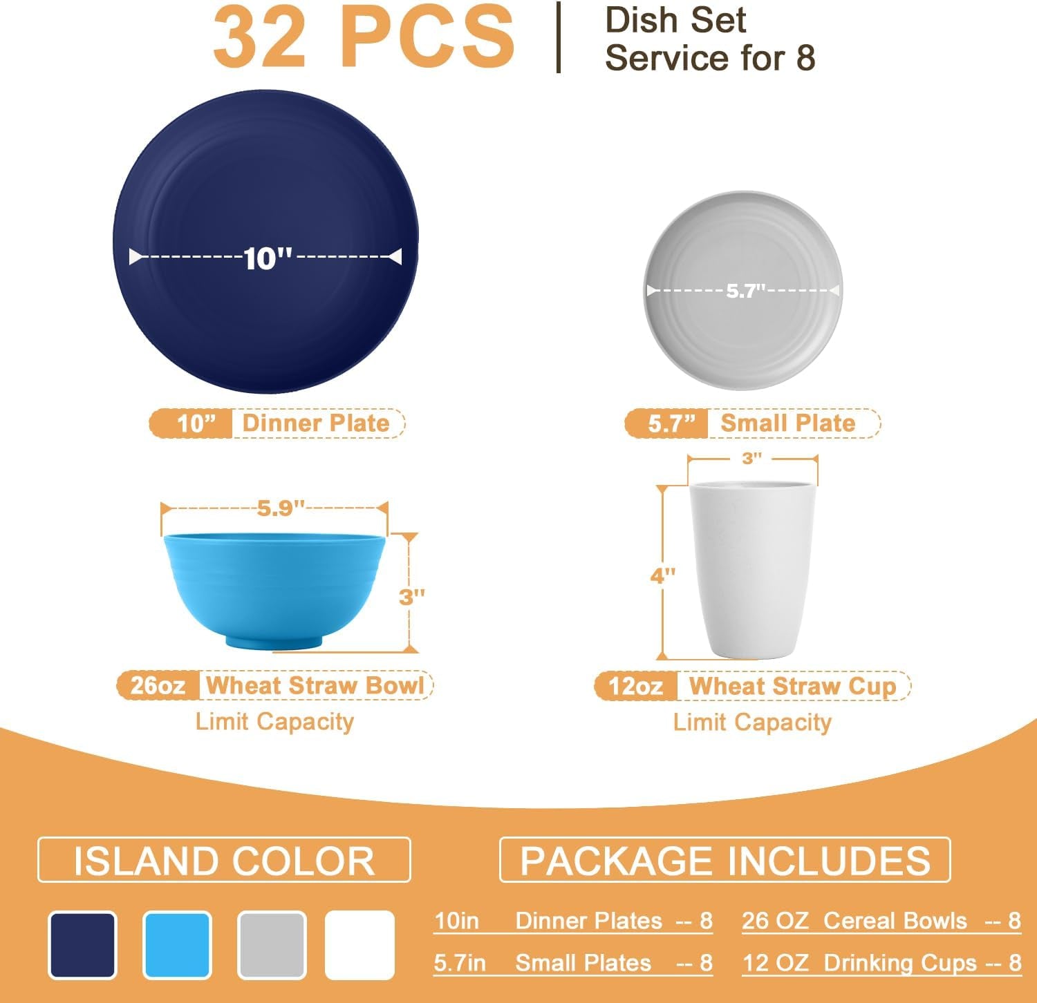 32-Piece Unbreakable Wheat Straw Dinnerware Set - Microwave and Dishwasher Safe Lightweight Plates and Bowls for Kitchen, Camping, and Parties - Island Series