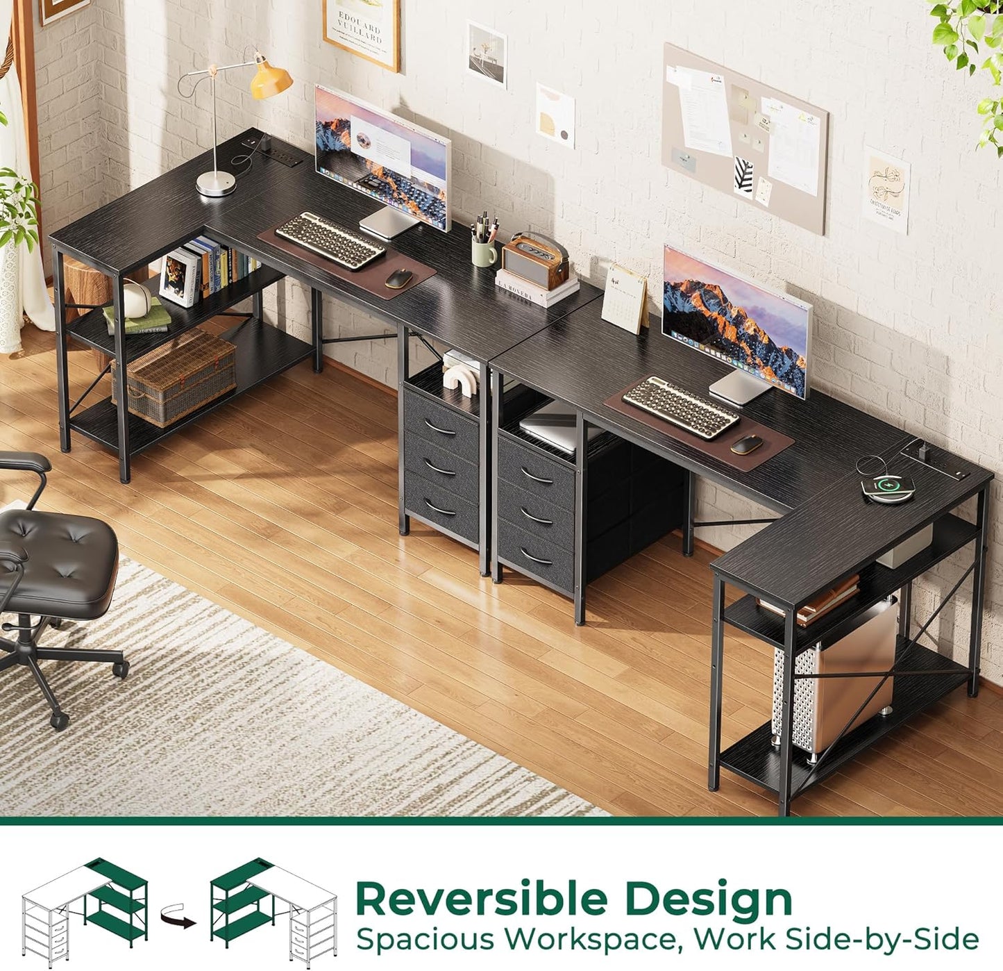 L-Shaped Office Desk with Power Outlets, 47-Inch Computer Desk featuring 3 Drawers and Shelves for Gaming, Home Office, and Study in Black