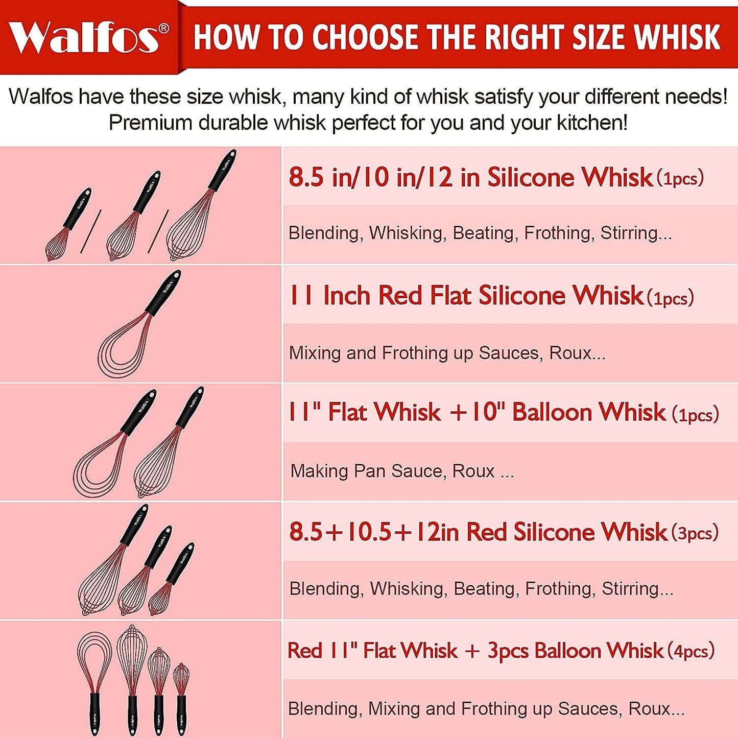 Flat Silicone Whisk,  11'' Wires Silicone Whisk for Blending Beating Stirring and Kitchen Cooking