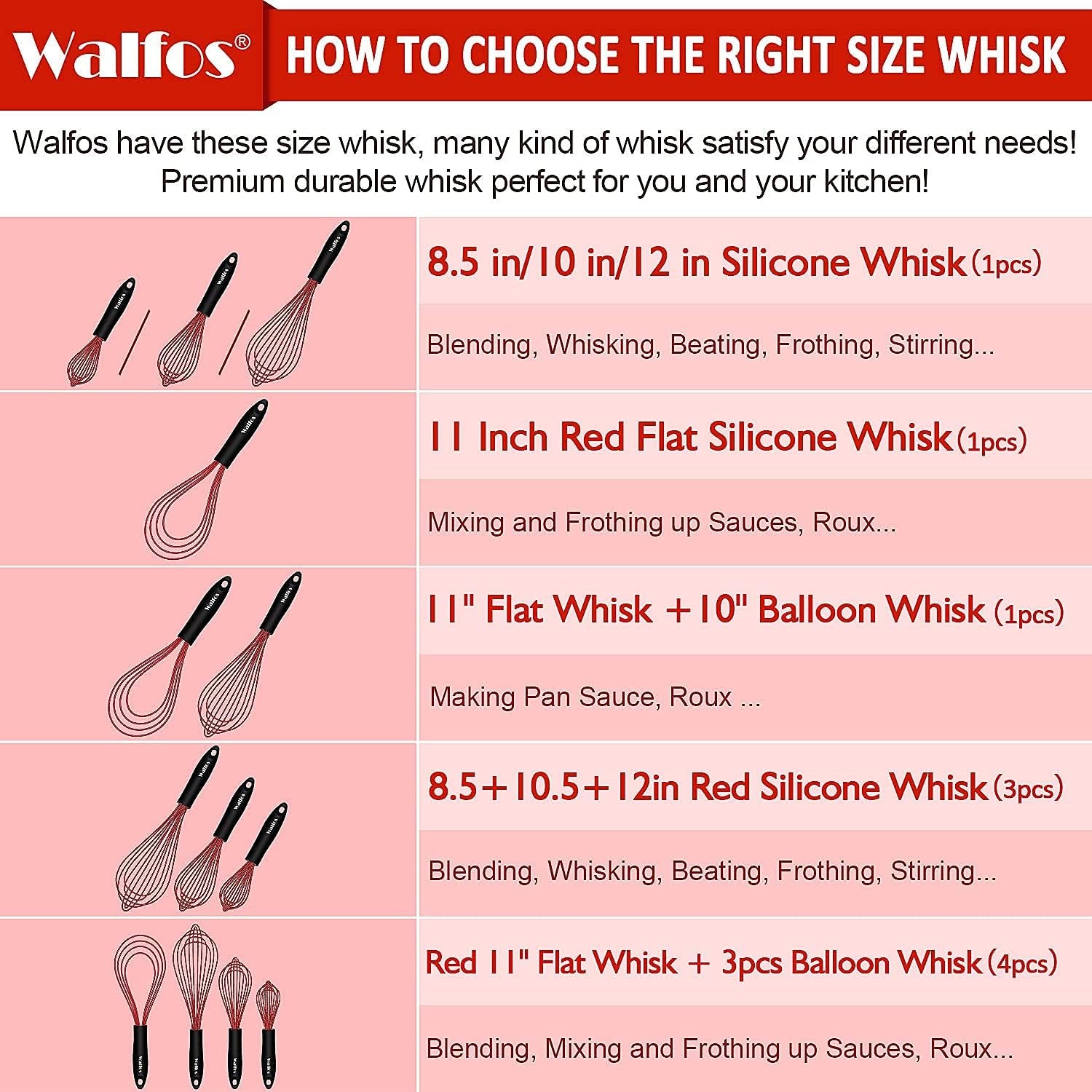 Flat Silicone Whisk,  11'' Wires Silicone Whisk for Blending Beating Stirring and Kitchen Cooking