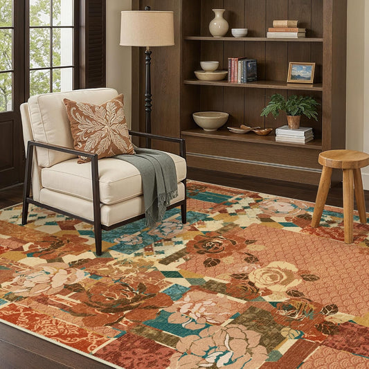 5X7 Floral Area Rugs for Living Room, Machine Washable Non Slip Vintage Patchwork Washable Rug, Ultra-Thin Low Pile Chenille Rugs for Bedroom, Dining Room, Rose Red