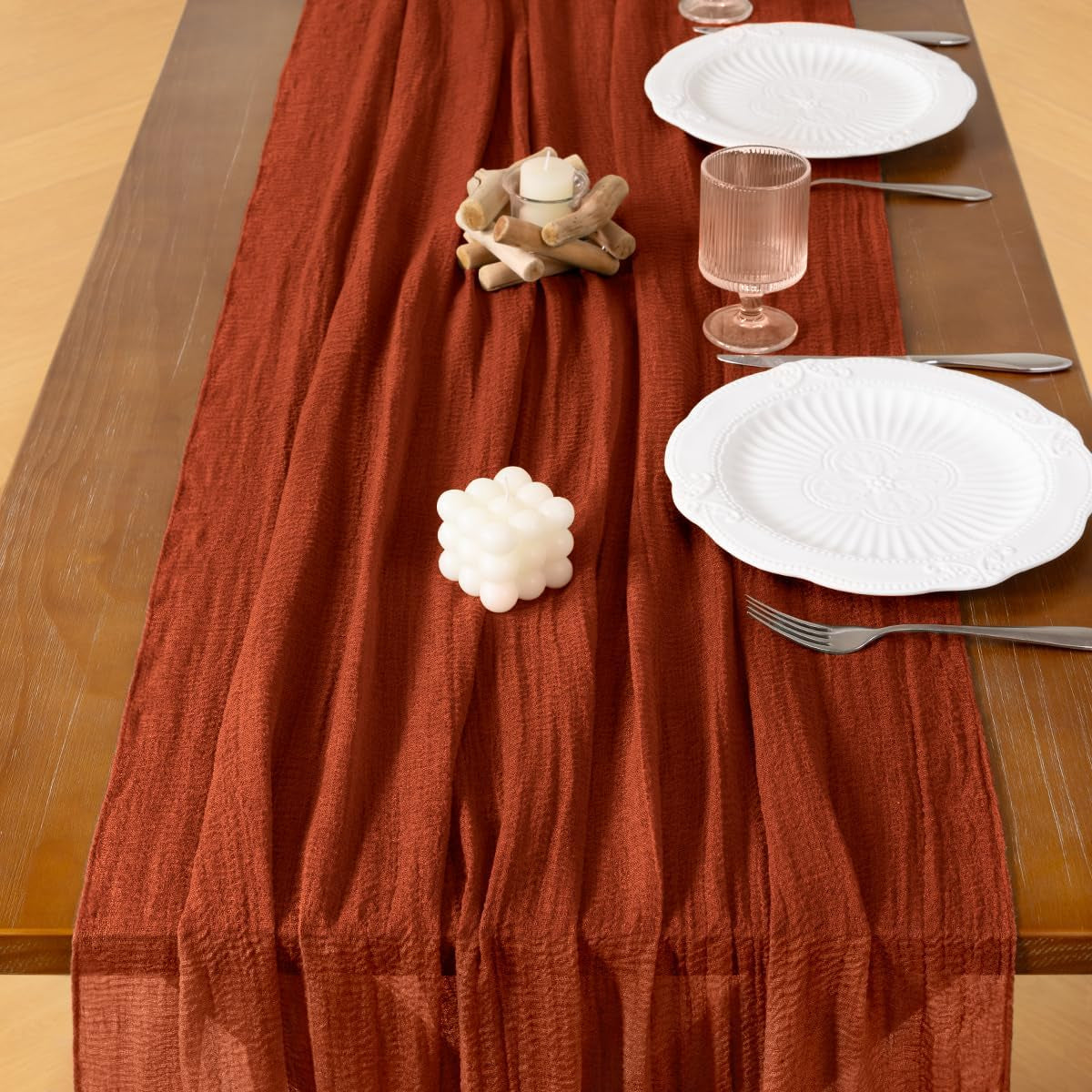 Terracotta Cheesecloth Table Runner Fall Thanksgiving Gauze 120 Inch Rustic Boho Cheese Cloth Runner for Wedding Party Baby Bridal Shower Centerpiece Decoration Holiday Home Decorations