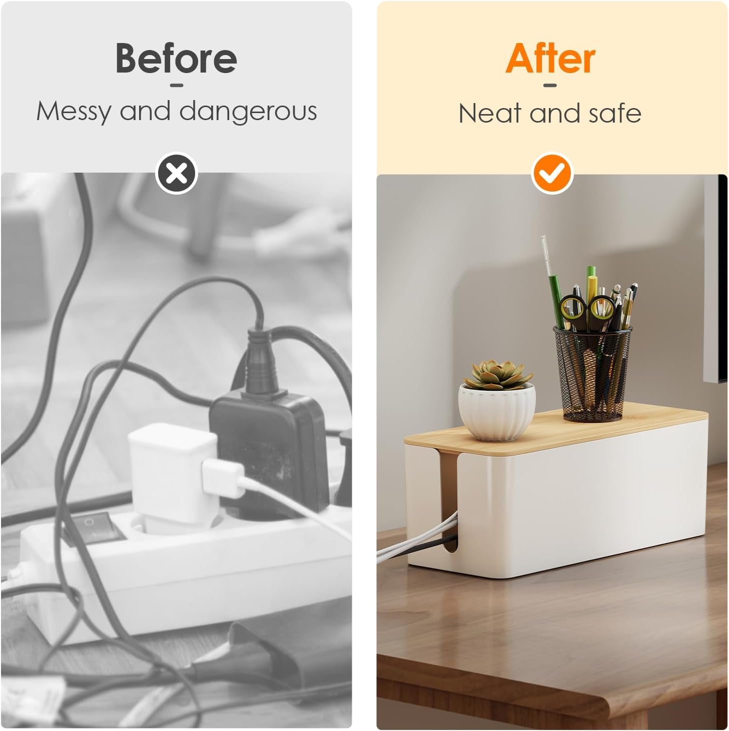 2 Pack Cable Management Box, Safe ABS Wood Grain Desk Medium and Small Cord Organizer, Baby-Pet Proof Lock under Desk Cover Hidden for USB Hub TV Wires Computer Desks and Power Strips