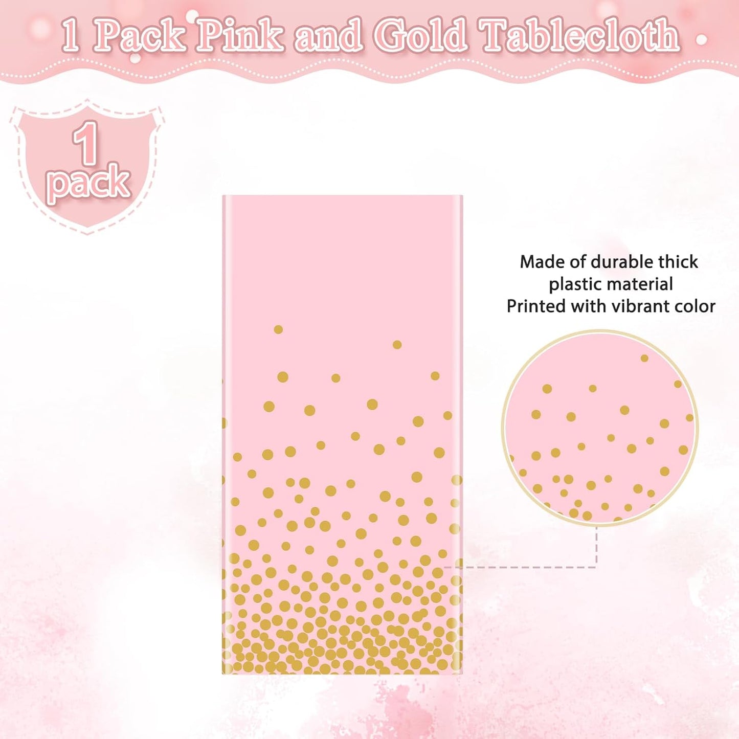 1 Pack Pink and Gold Plastic Tablecloth for Parties, Pink Disposable Table Cloth for Rectangle Tables, Gold Stamping Dot Confetti Light Pink Tablecloth for Birthday Wedding Baby Shower Party, 54X108"