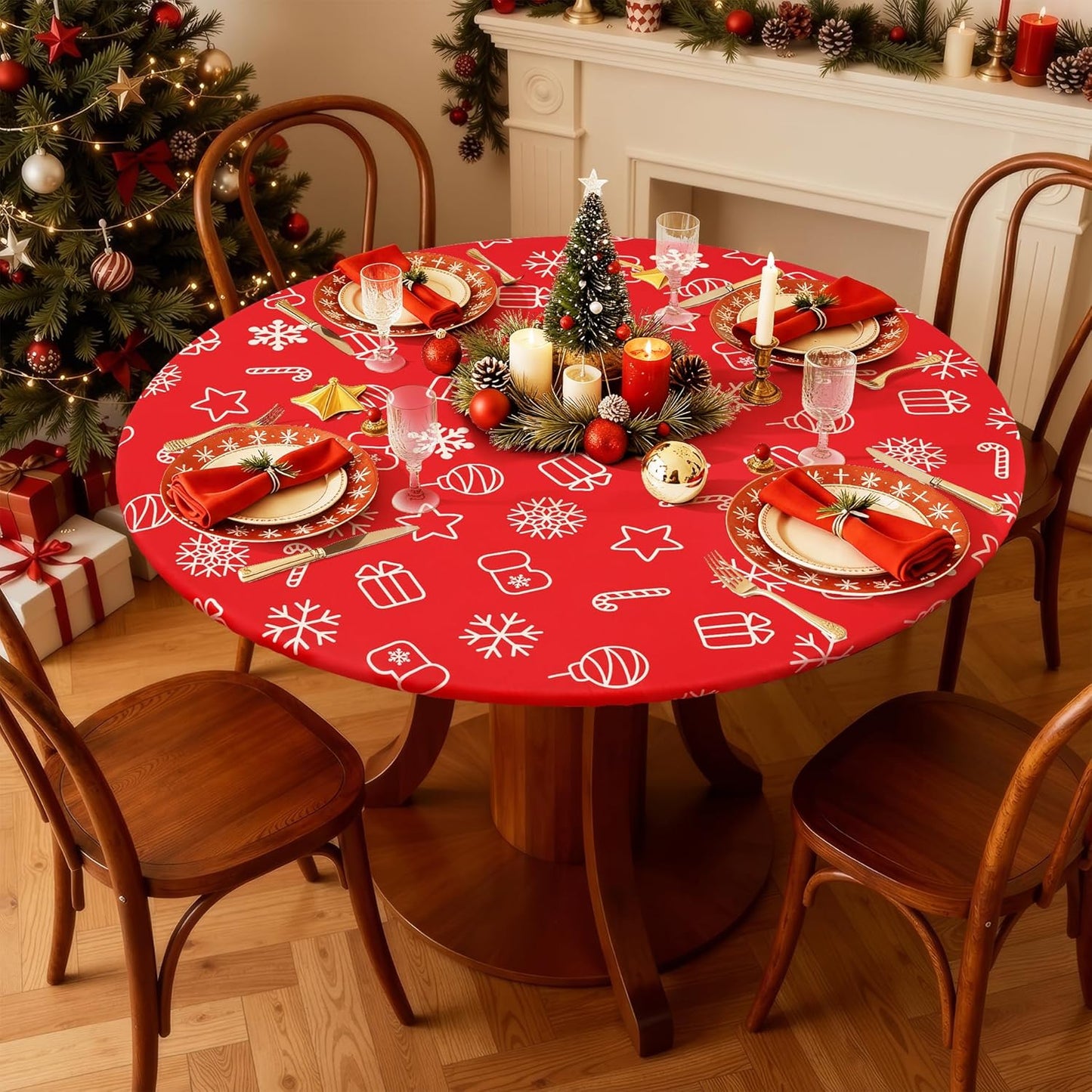 round Spandex Tablecloth, Elastic Fitted Washable Tablecloths for 36"-44" Tables, Waterpoof Stretch Picnic Table Cover for Dining, Indoor and Outdoor, Snowflake