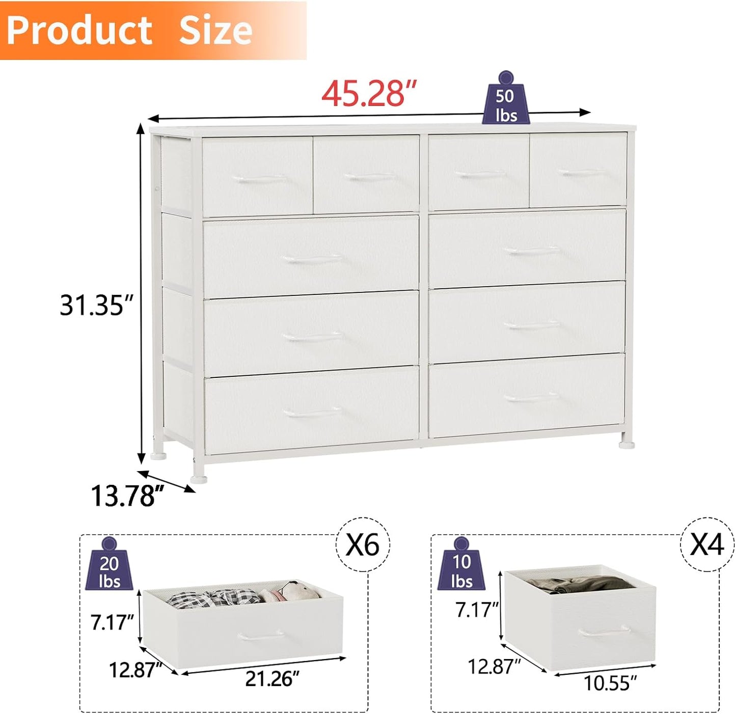 White Bedroom Dresser for 55” TV Stand - Entertainment Center with 10 Fabric Storage Drawers, Sturdy Metal Frame Tall Storage Cabinet for Living Room and Entryway