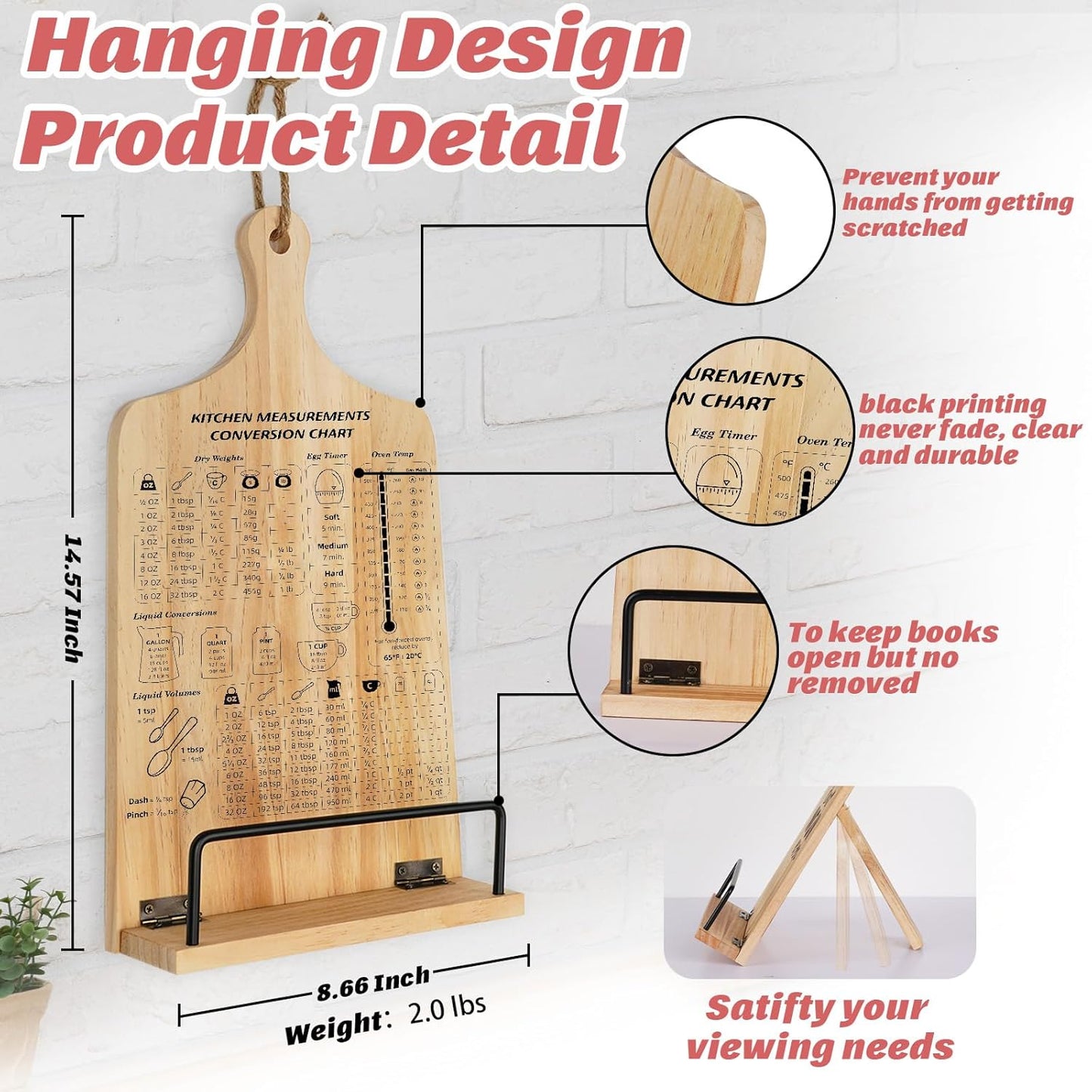 Kitchen Conversion Chart Cookbook Stand, Sturdy Wood Cook Book Holder, Recipe Cookbook Holder Stand with Kitchen Counters, Kitchen Baking Gifts for Women, Accessiores for Holding Cookbook