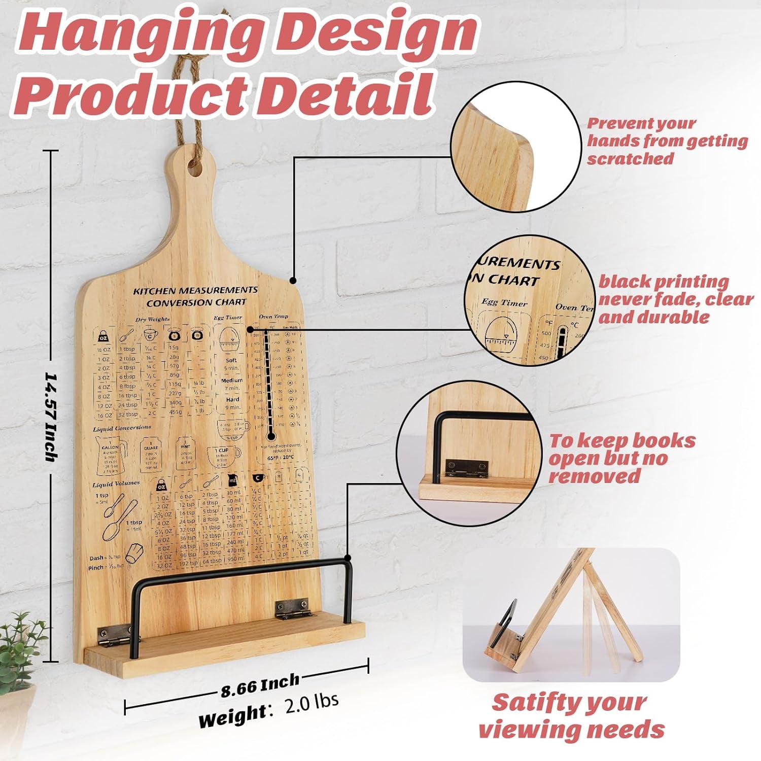 Kitchen Conversion Chart Cookbook Stand, Sturdy Wood Cook Book Holder, Recipe Cookbook Holder Stand with Kitchen Counters, Kitchen Baking Gifts for Women, Accessiores for Holding Cookbook