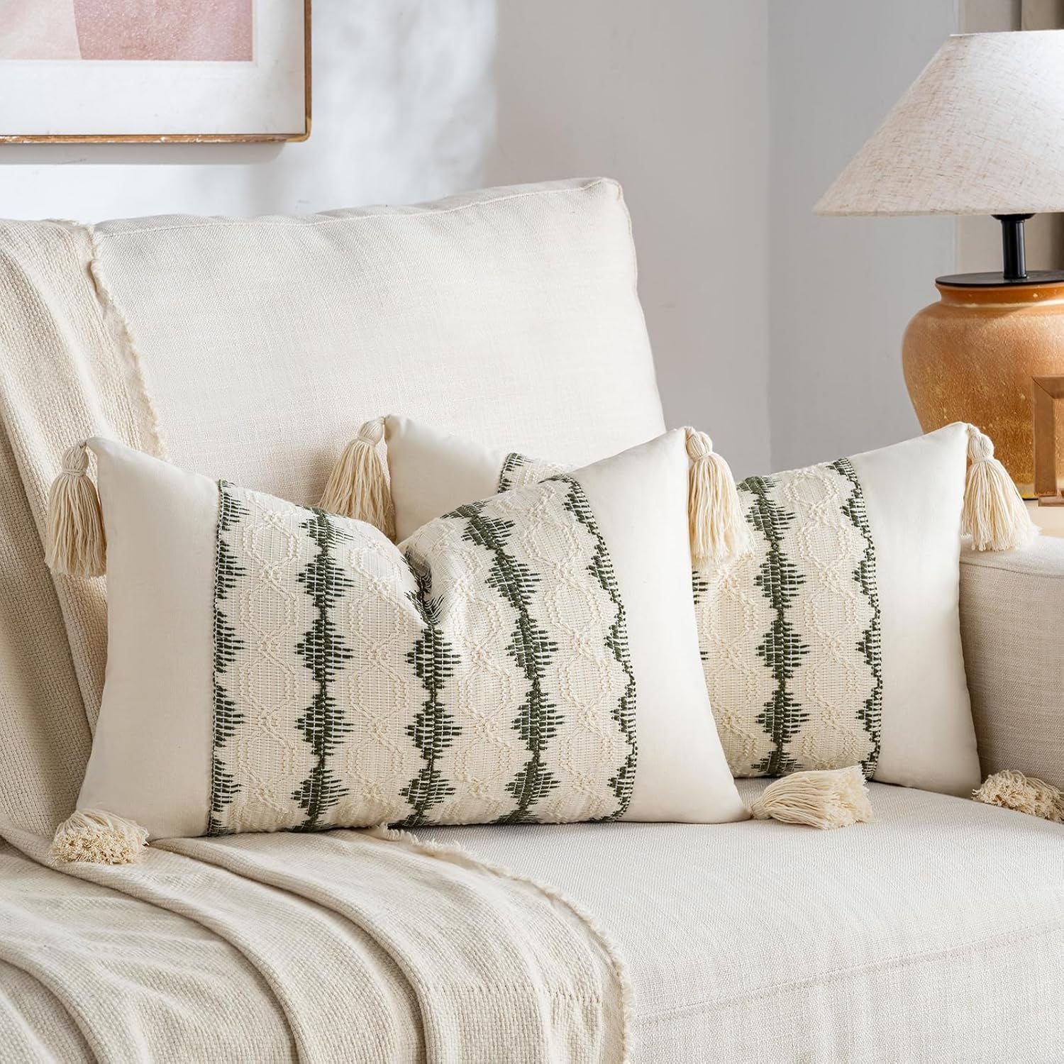 Set of 2 Boho Olive Green Lumbar Decorative Throw Pillow Cover 12X20 Inch for Couch Bed Sofa Chair, Modern Organic Farmhouse Home Decor, Soft Cute Accent Rectangle Cushion Case with Tassels