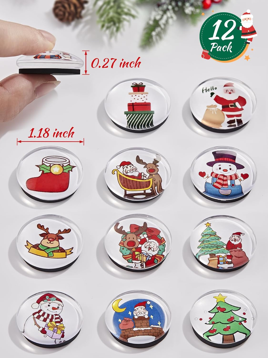12-Pack Christmas Magnets for Fridge, Glass Christmas Refrigerator Magnets, Small Xmas Decorative Magnets, Cute Funny Fridge Magnets for Home Kitchen Office Dishwasher (Round Shape)