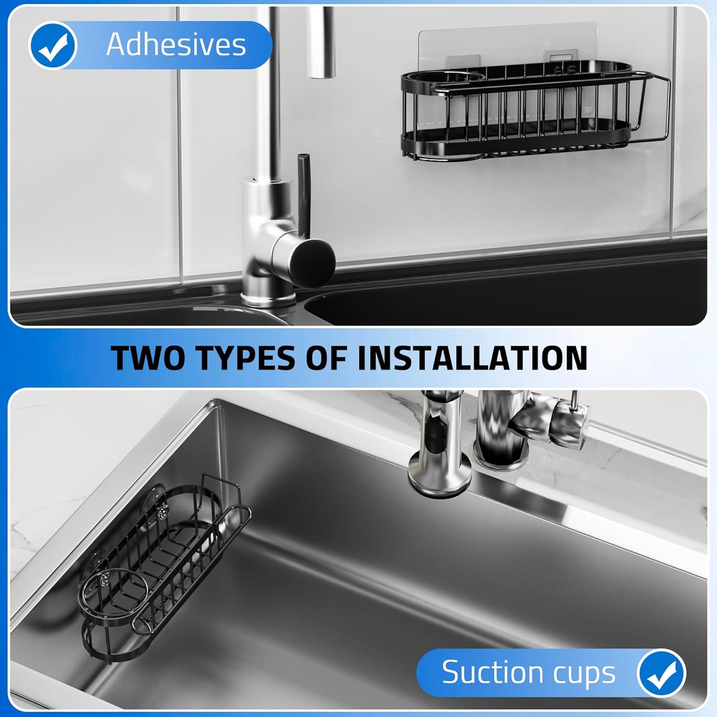 Kitchen Sink Caddy Sponge Holder in the Sink, Stainless Steel Kitchen Sink Organizer, Brush Holder, Dish Cloth Hanger, Sink Stopper Holder with 2 Installation Ways (Suction & Adhesives