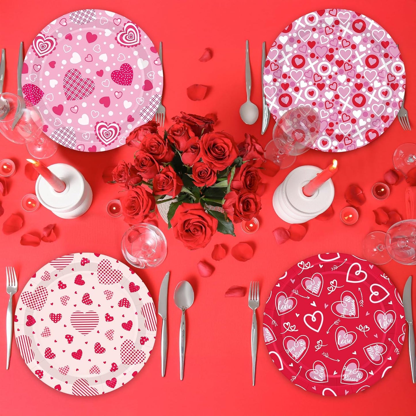 48 PCS Valentines Plates, 9 in Pink Red Color Heart Paper Plates, round Heart Love Design Valentines Day Plates Pink Party Plates, Disposable Pink Dinnerware for Valentines Anniversaries Wedding
